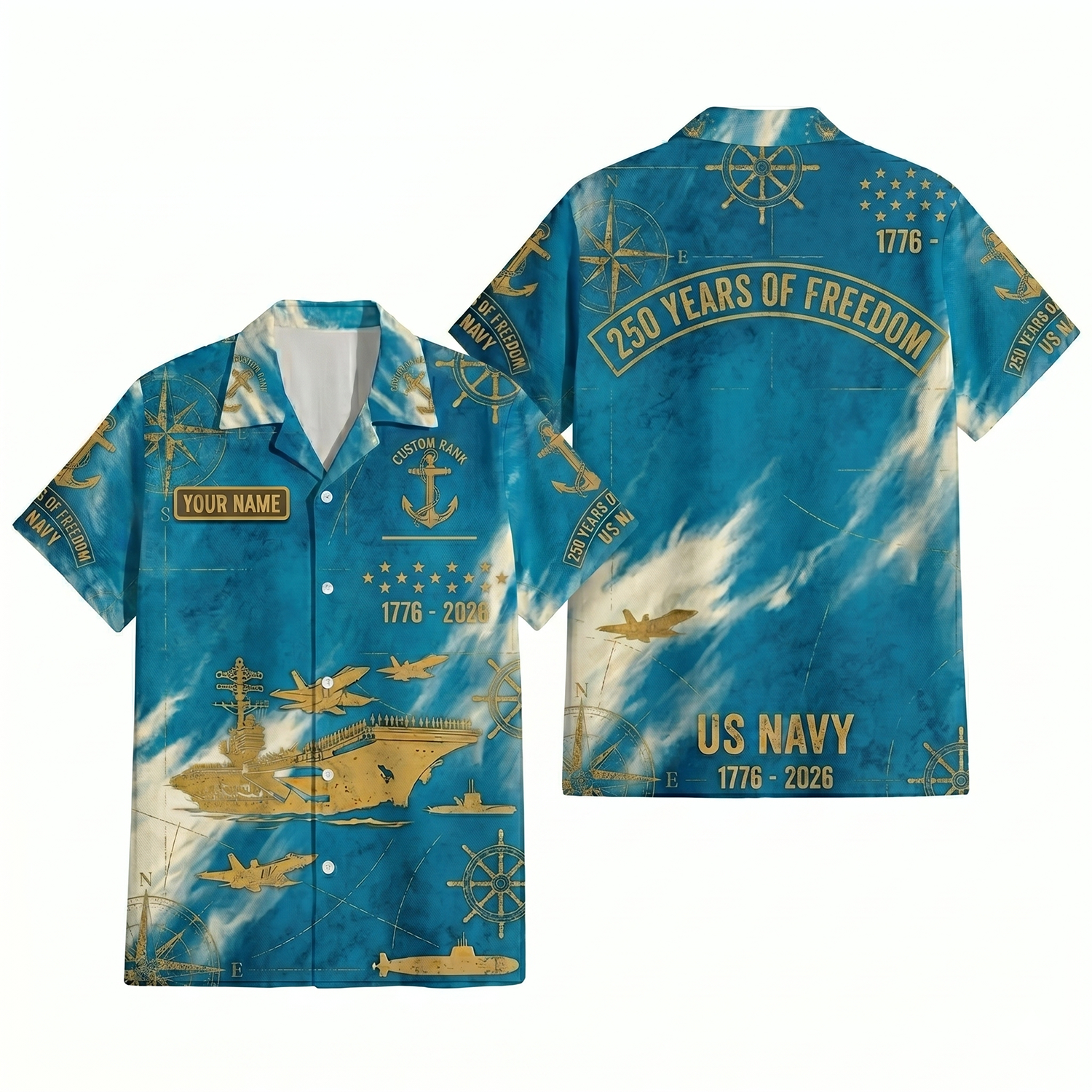Mens Personalized Navy 250 Years of Freedom Turquoise Marble Hawaiian Shirt Flat Layout
