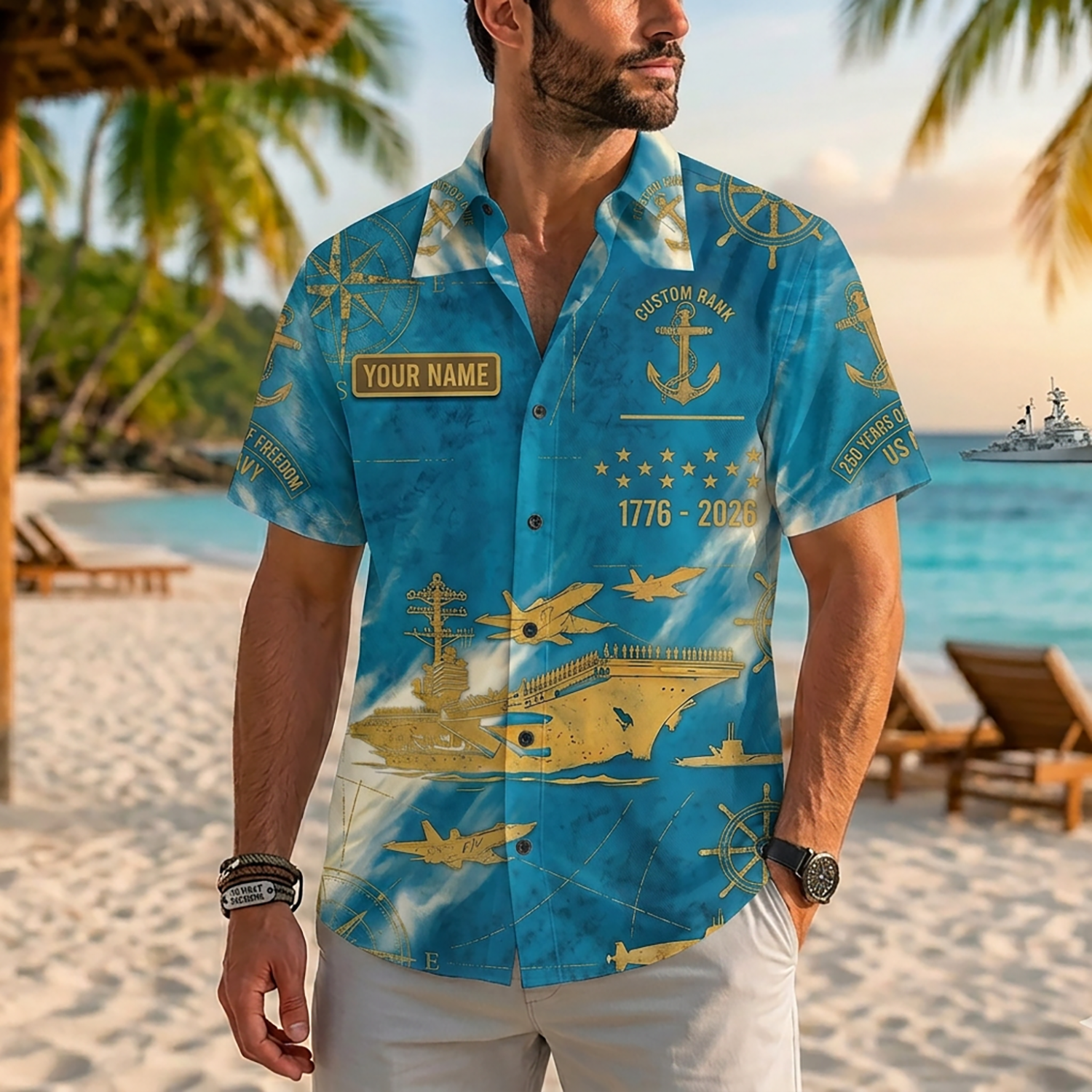 Mens US Navy Hawaiian Shirt Front View Showing Custom Name Badge and Golden Fleet Vectors on Model