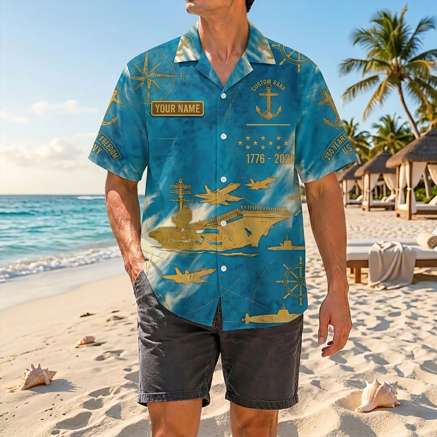 Proud Veteran Wearing Matching Personalized Navy 250 Years of Freedom Hawaiian Shirt On A Tropical Beach