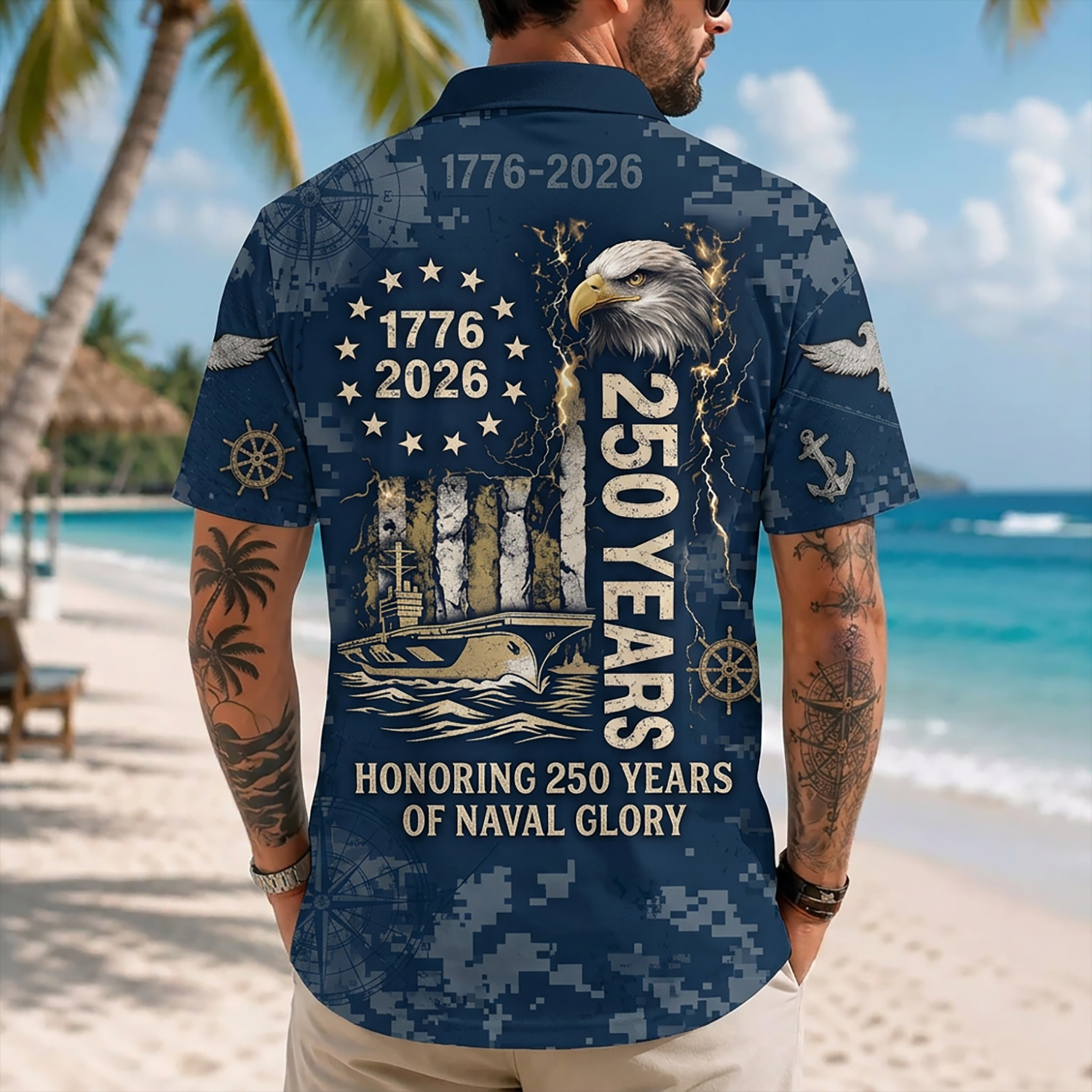Mens Personalized Navy Veteran Hawaiian Shirt Back View Featuring Aircraft Carrier, Eagle, And 250 Years Text