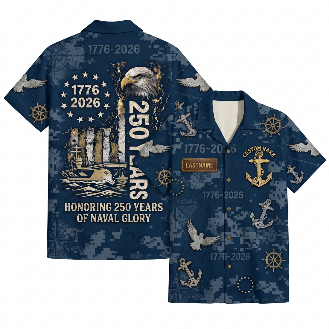 Mens Personalized Navy 250 Years of Naval Glory Hawaiian Shirt Digi Camo Edition Flat Layout