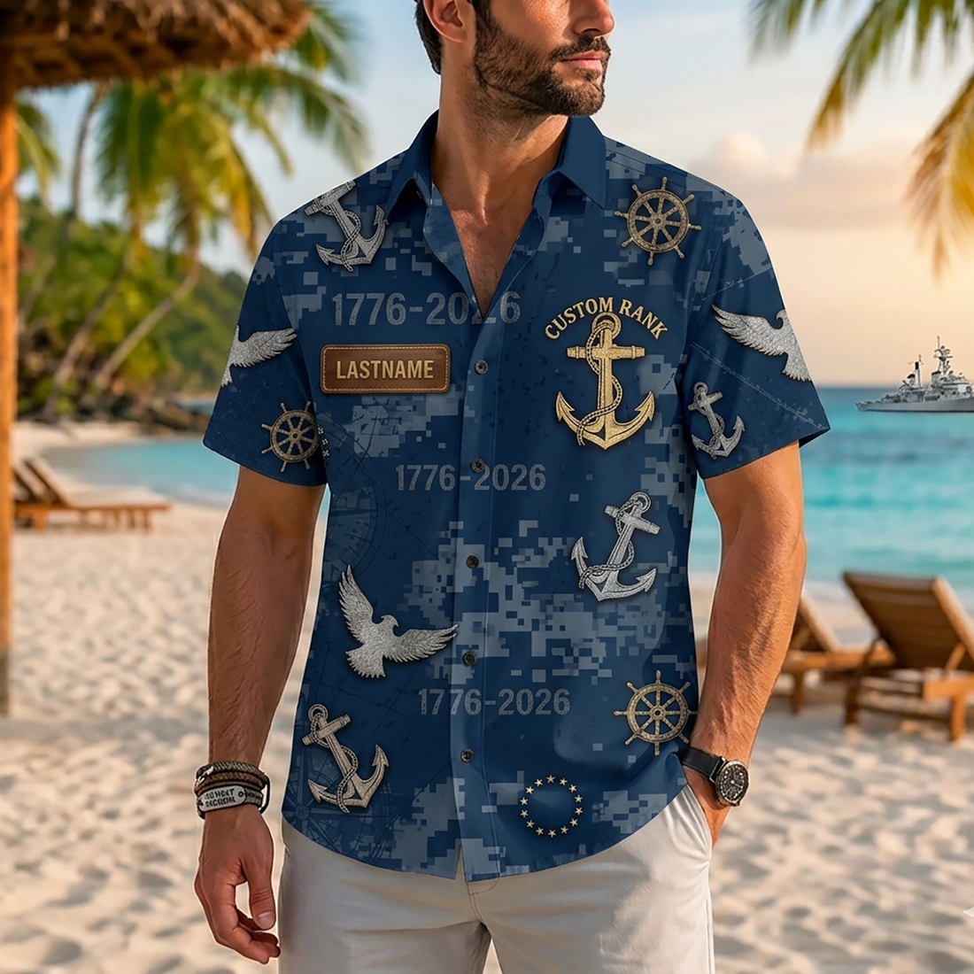 Mens Personalized Navy 250 Years of Naval Glory Hawaiian Shirt Digi Camo Edition Flat Layout
