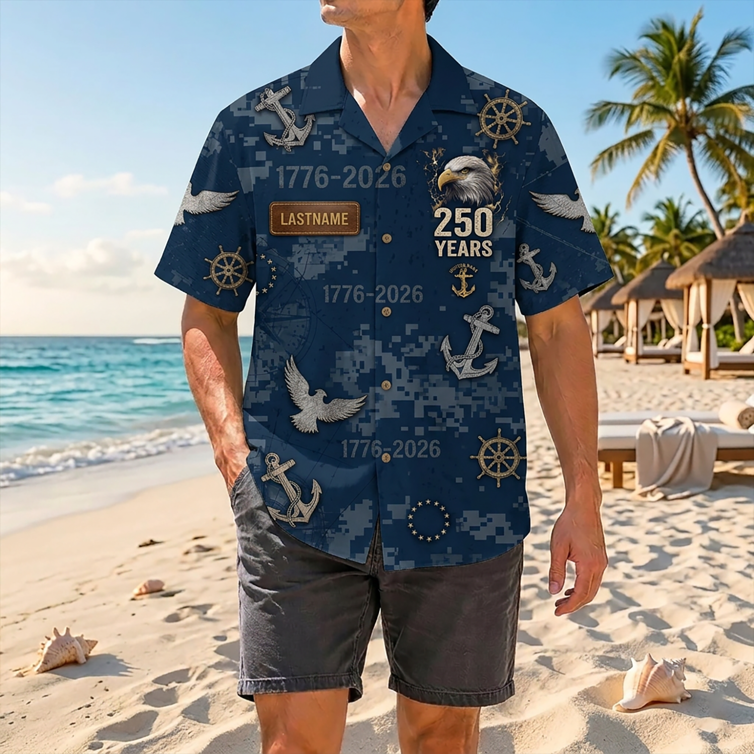 Proud Veteran Wearing Matching Personalized Navy 250 Years of Naval Glory Hawaiian Shirt On A Tropical Beach