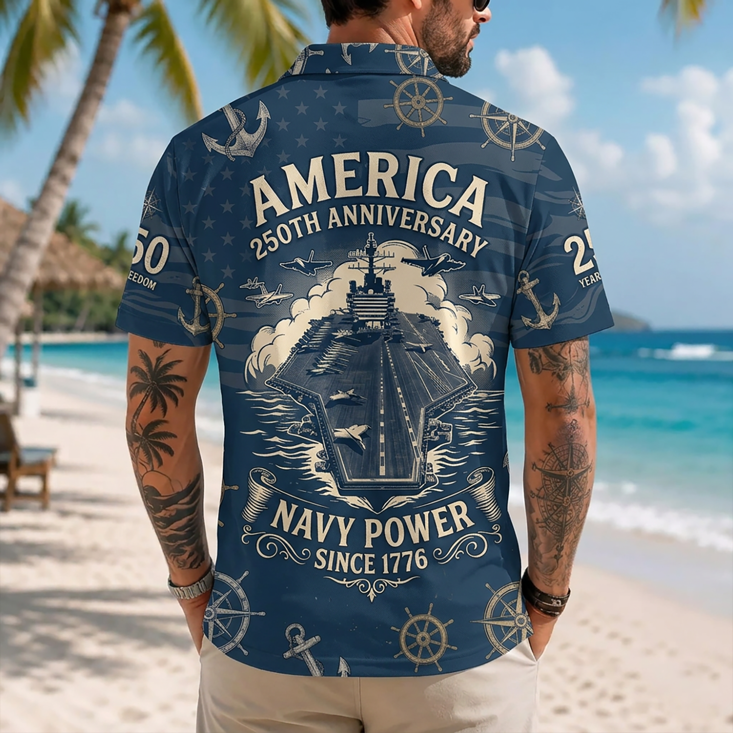 Mens US Navy Hawaiian Shirt Back View Featuring Overhead Aircraft Carrier Flight Deck and Navy Power Since 1776 Script