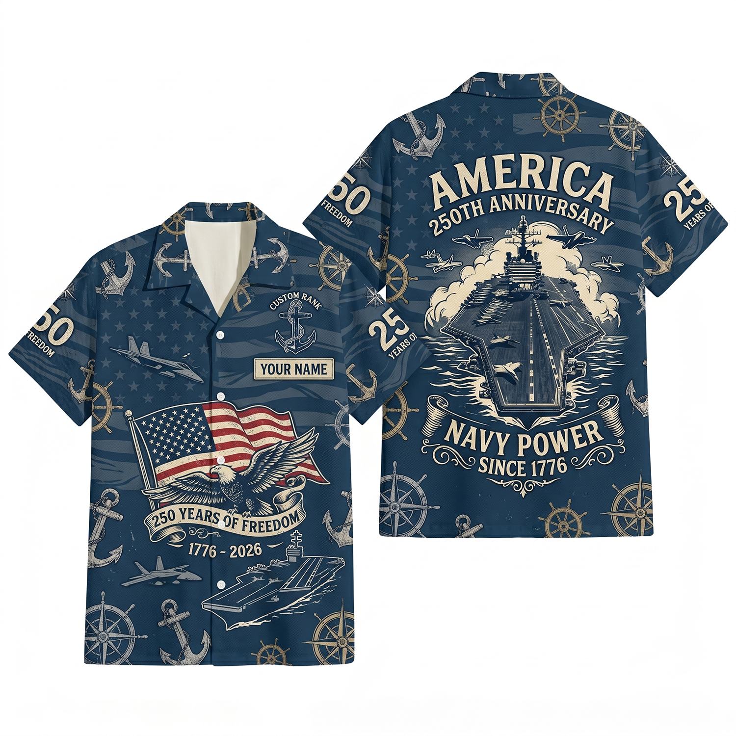 Mens Personalized Navy America 250th Anniversary Navy Power Hawaiian Shirt Flat Layout