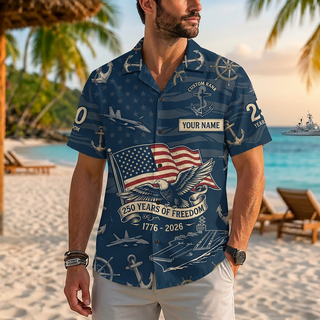 Mens Personalized Navy America 250th Anniversary Navy Power Hawaiian Shirt Flat Layout
