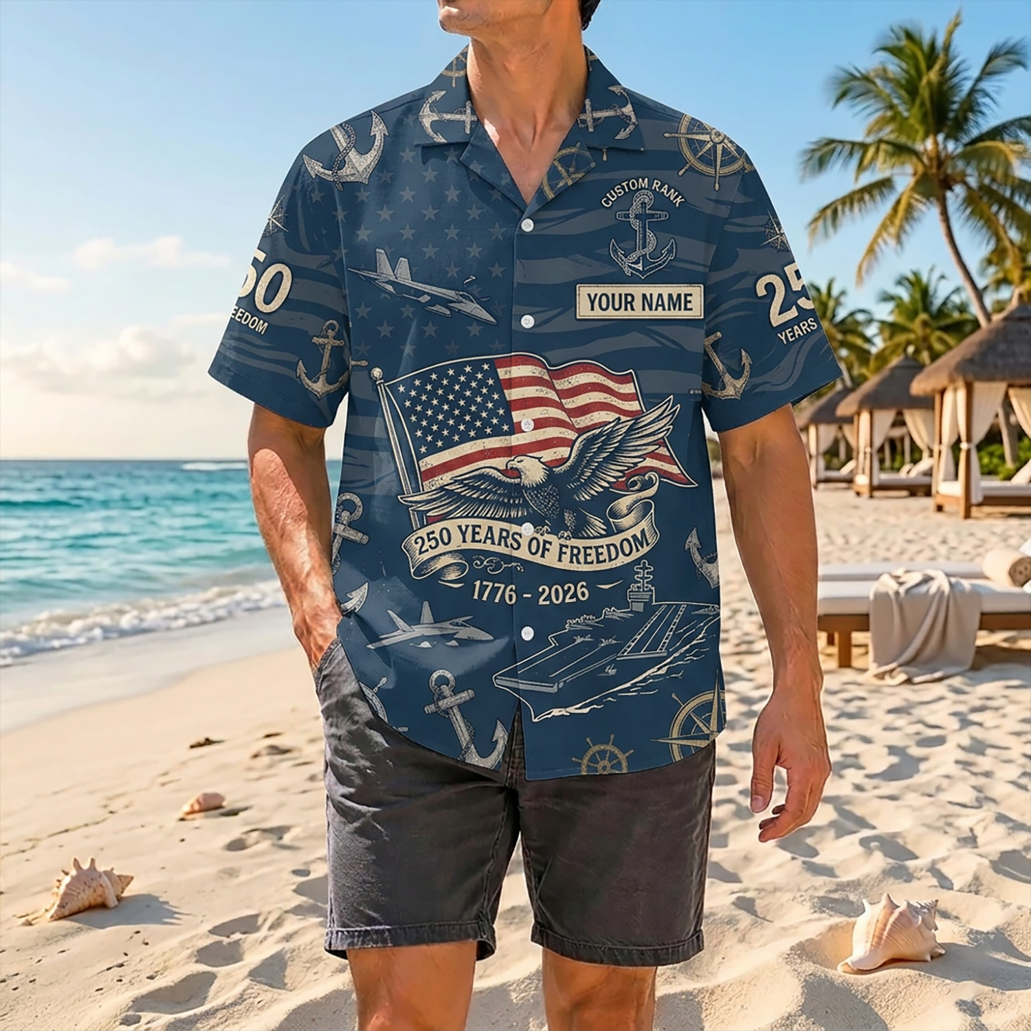 Proud Veteran Wearing Matching Personalized Navy America 250th Anniversary Hawaiian Shirt On A Tropical Beach