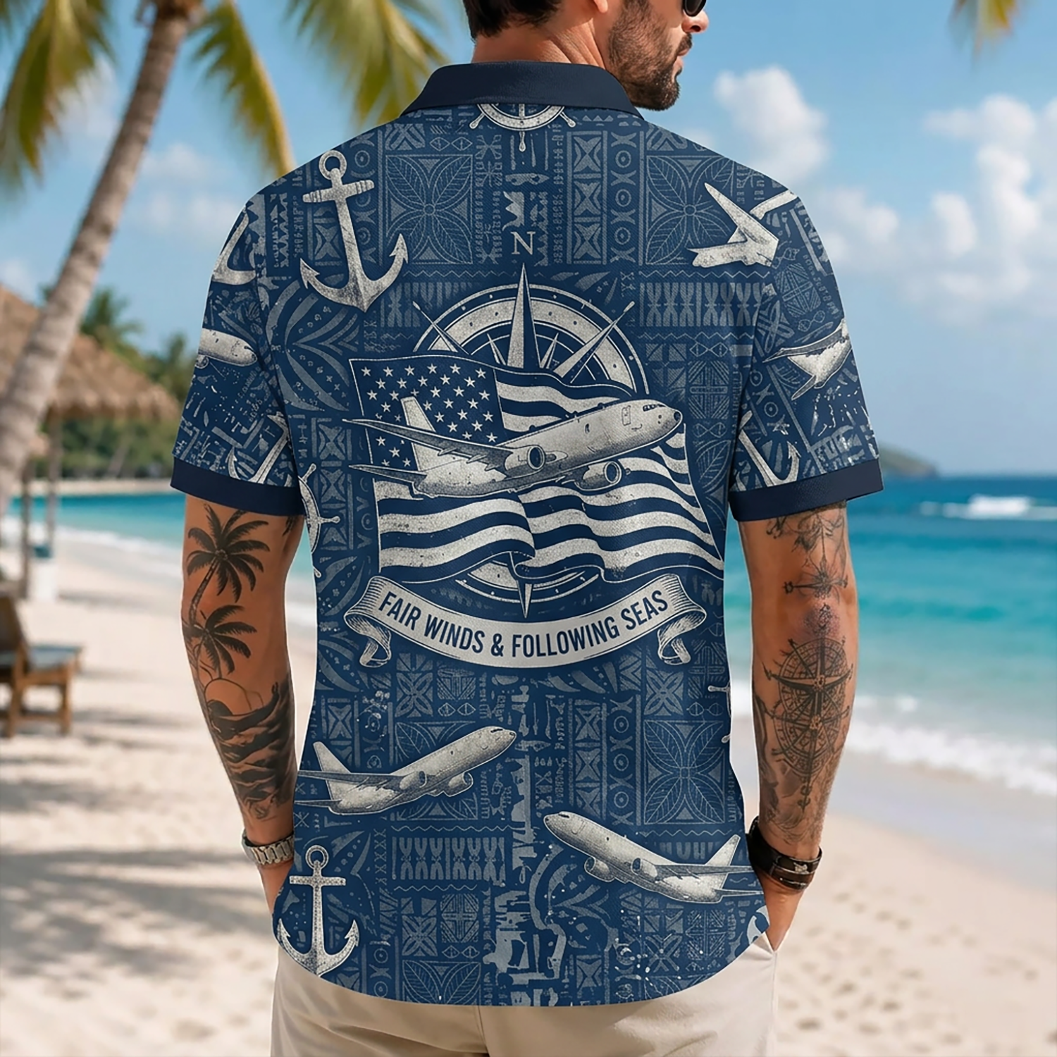 Mens Personalized Navy Veteran Hawaiian Shirt Back View Featuring P-3 Orion Aircraft Flying Across American Flag And Compass