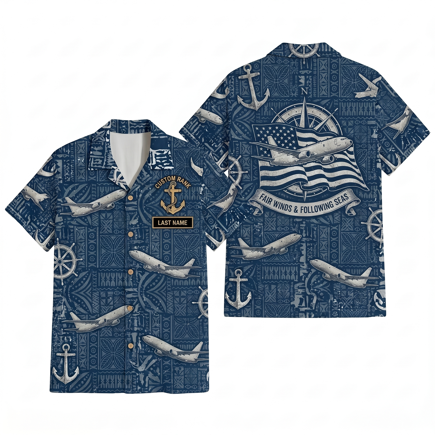 Mens Personalized Navy Aviation Hawaiian Shirt Fair Winds Edition Flat Layout