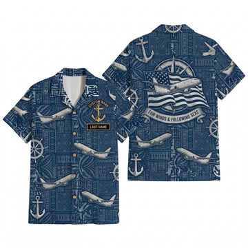 Mens Personalized Navy Aviation Hawaiian Shirt Fair Winds Edition Flat Layout