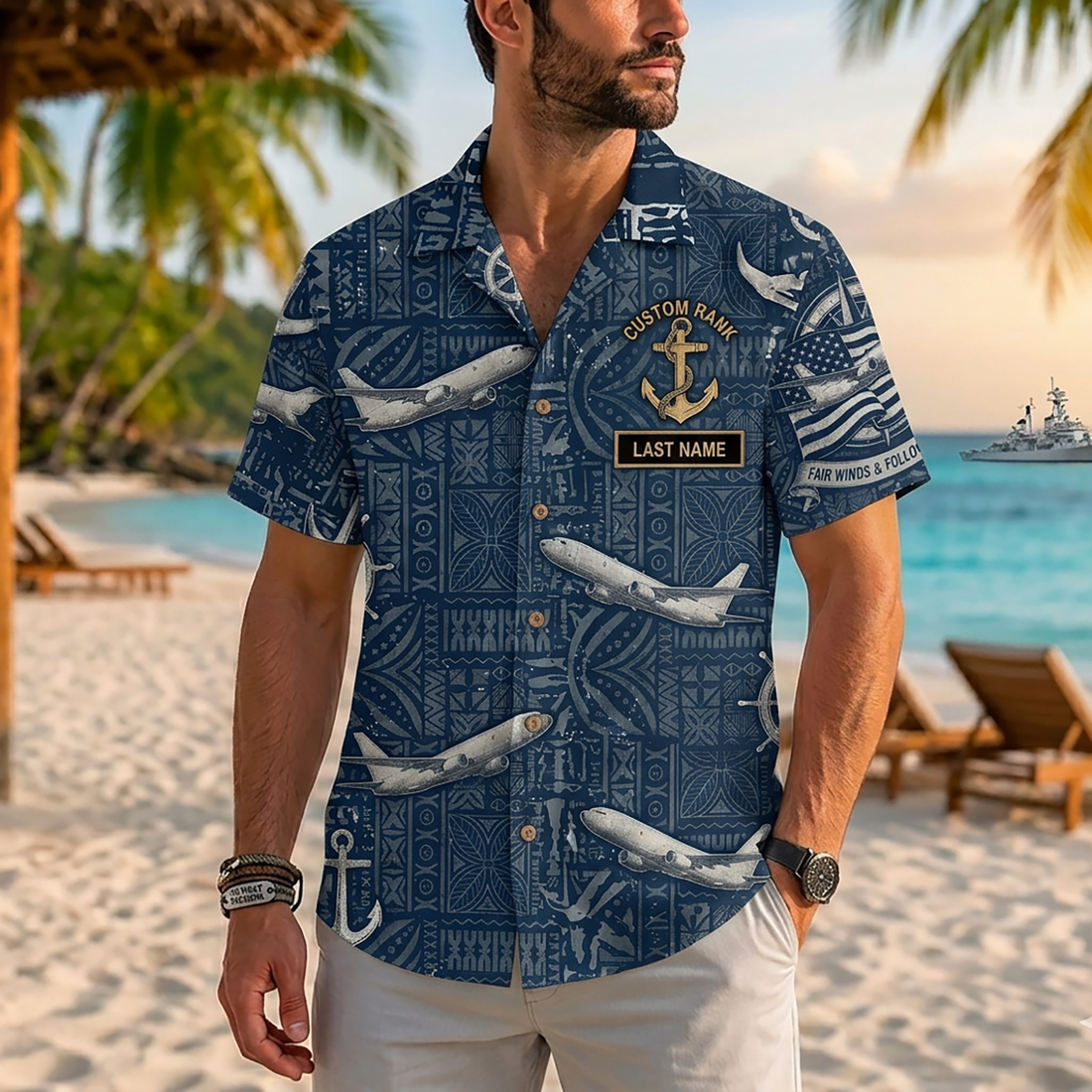 Mens Personalized Navy Aviation Hawaiian Shirt Fair Winds Edition Flat Layout