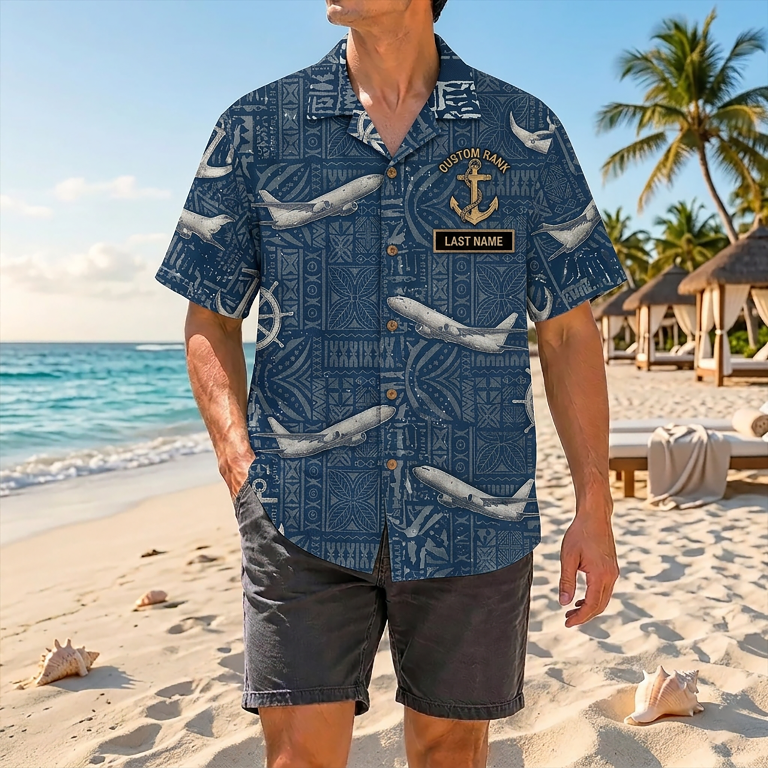 Proud Veteran Wearing Matching Personalized Navy Aviation Hawaiian Shirt On A Tropical Beach