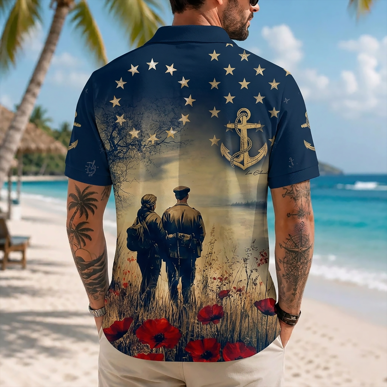 Mens US Navy Hawaiian Shirt Back View Featuring Military Couple, Poppy Field, and Gold Anchor Emblem