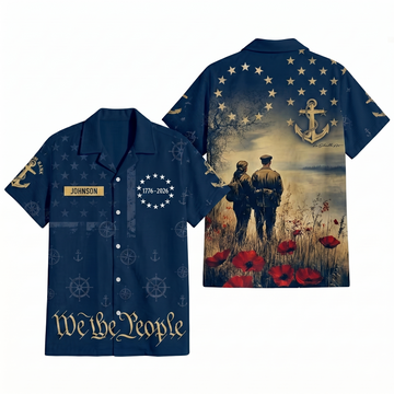Mens Personalized Navy Blue 250th Anniversary We The People Remembrance Hawaiian Shirt Flat Layout