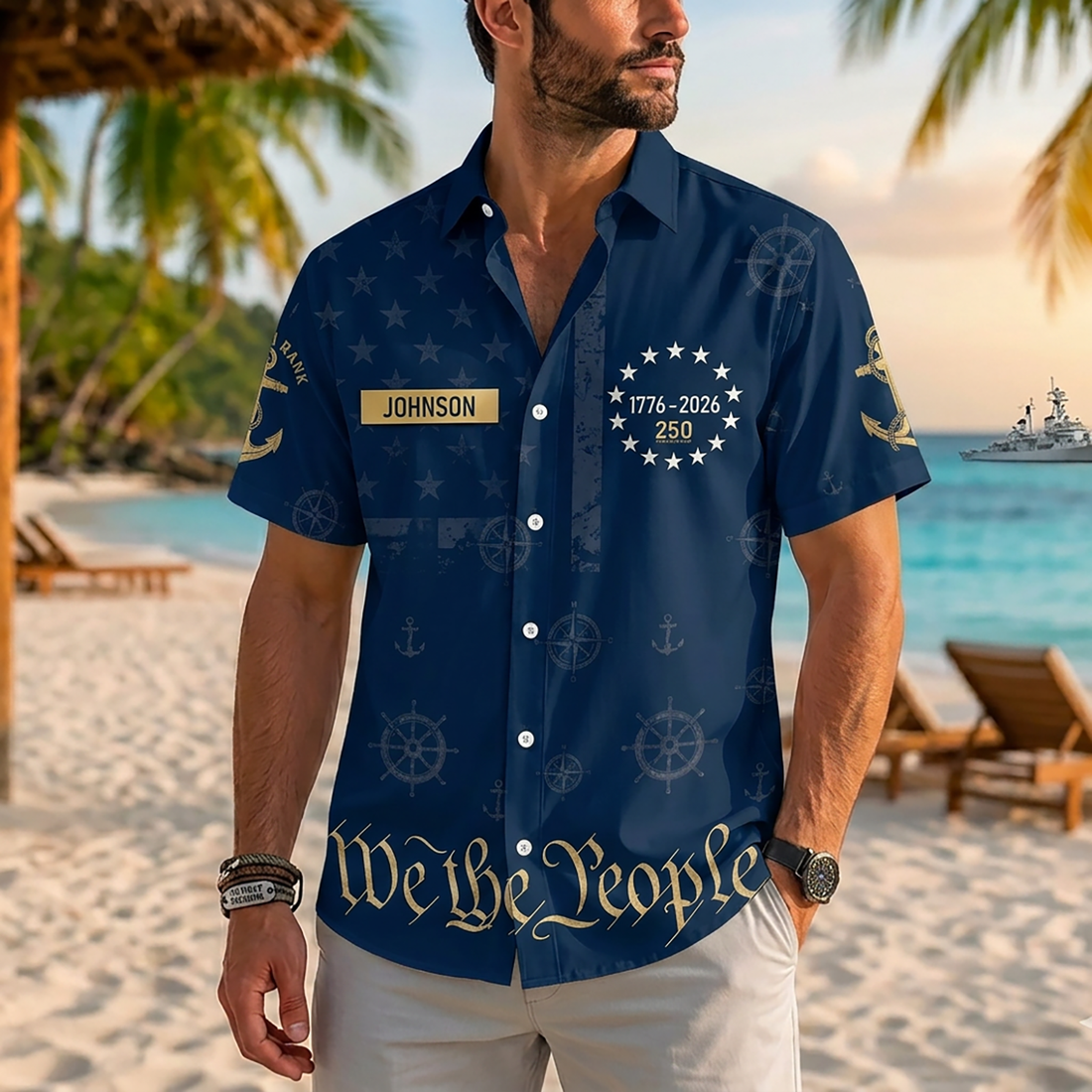 Mens Personalized Navy Blue 250th Anniversary We The People Remembrance Hawaiian Shirt Flat Layout