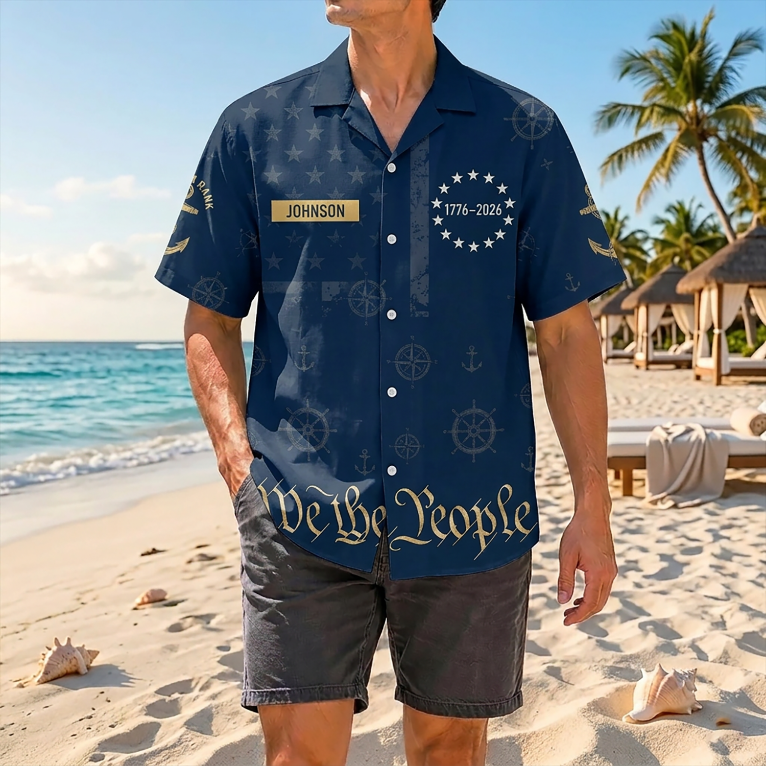 Proud Veteran Wearing Matching Personalized Navy Blue 250th Anniversary Hawaiian Shirt On A Tropical Beach