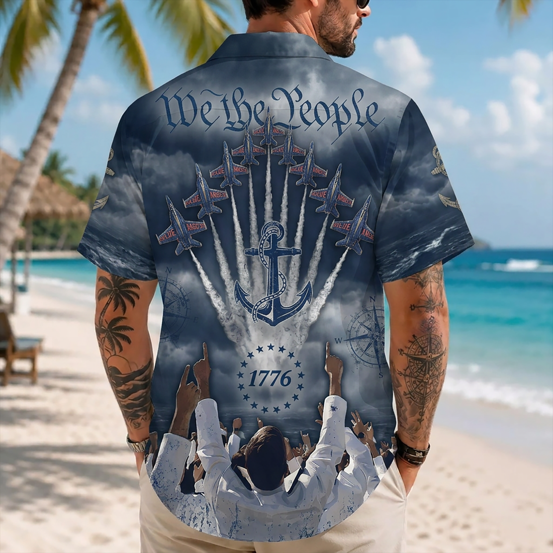 Mens Personalized Navy Blue Angels Hawaiian Shirt Sky Sentinels Edition Flat Layout
