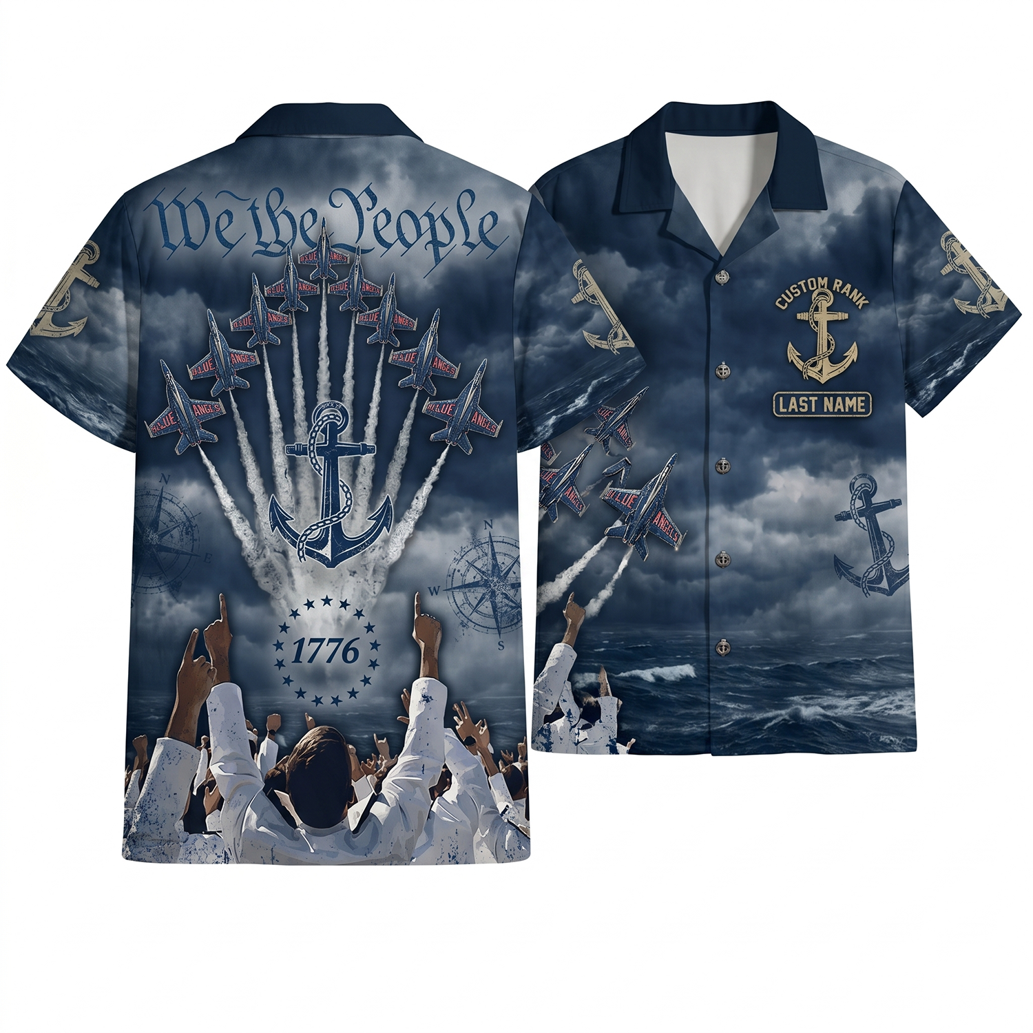 Mens Personalized Navy Blue Angels Hawaiian Shirt Sky Sentinels Edition Flat Layout