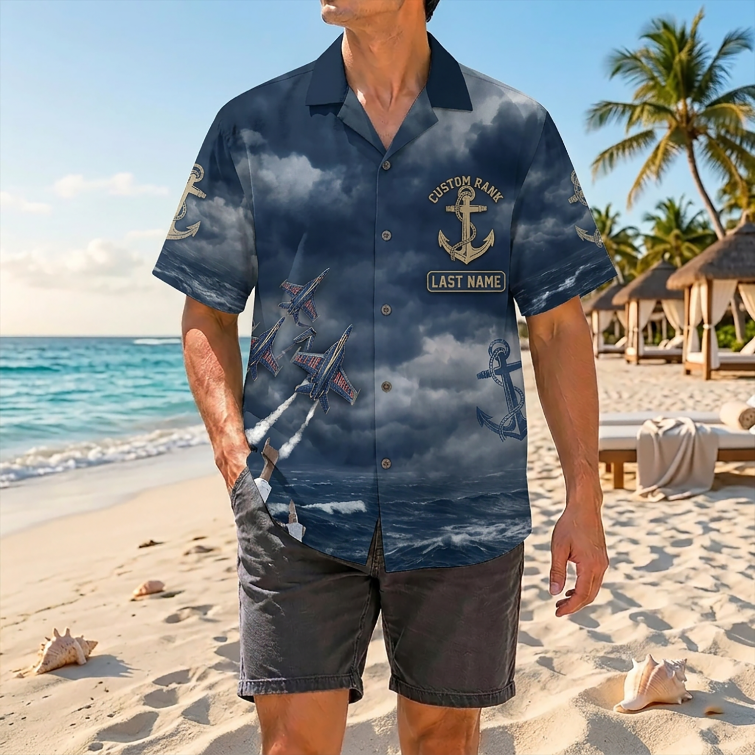 Mens Personalized Navy Veteran Hawaiian Shirt Front View Showing Custom Last Name And Rank Slots On Model