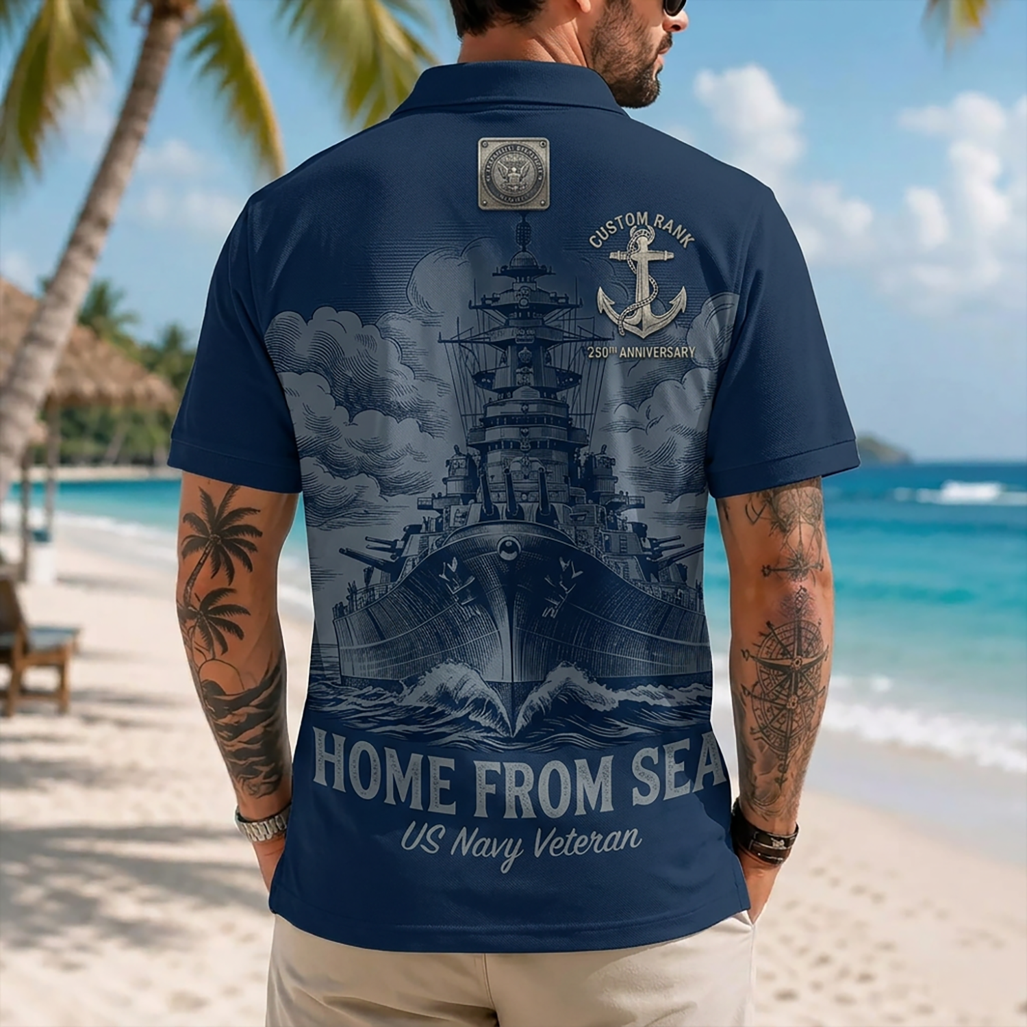 Mens Personalized Navy Veteran Hawaiian Shirt Back View Featuring Battleship Graphic And Home From Sea Text