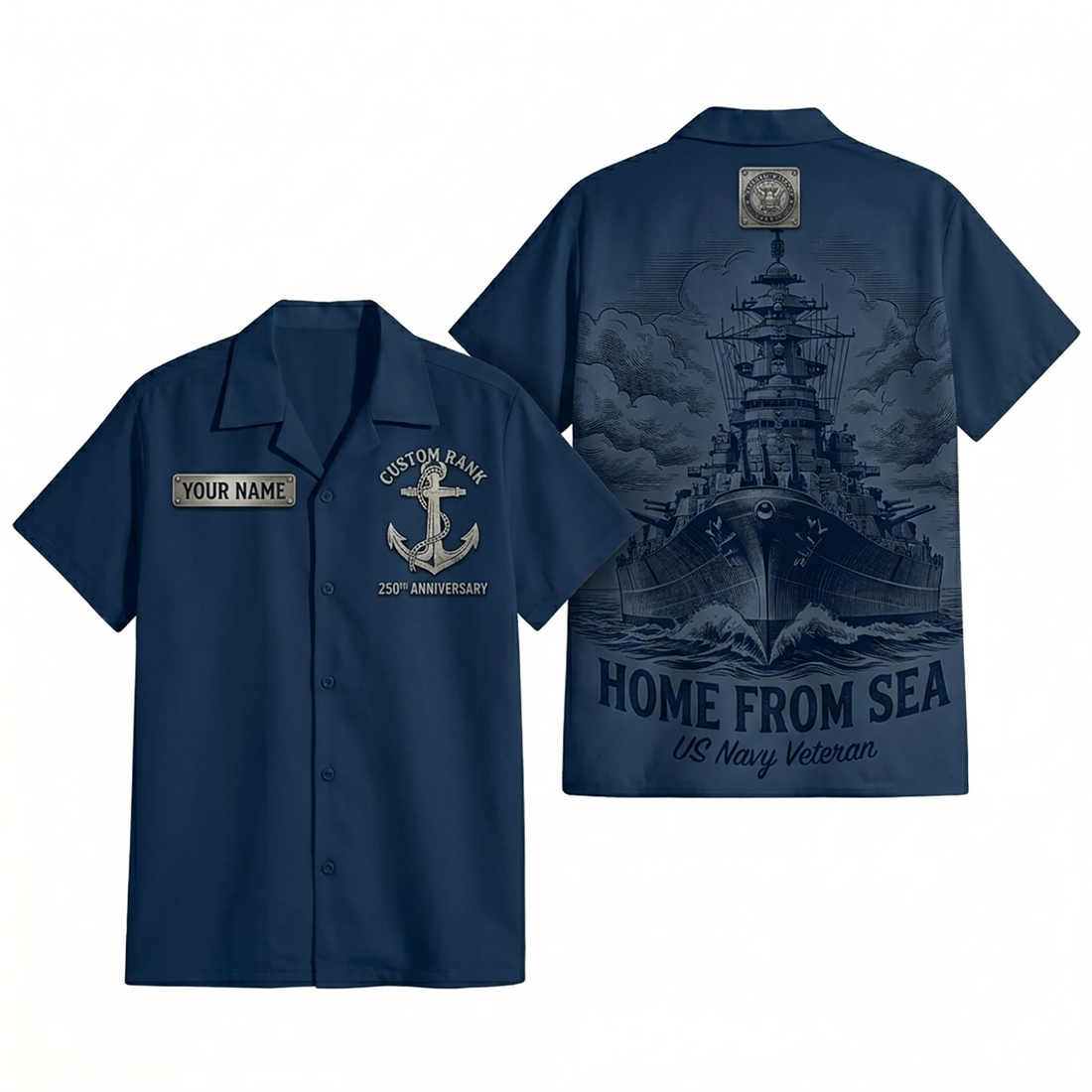 Mens Personalized Navy Brotherhood Hawaiian Shirt Home From Sea Edition Flat Layout