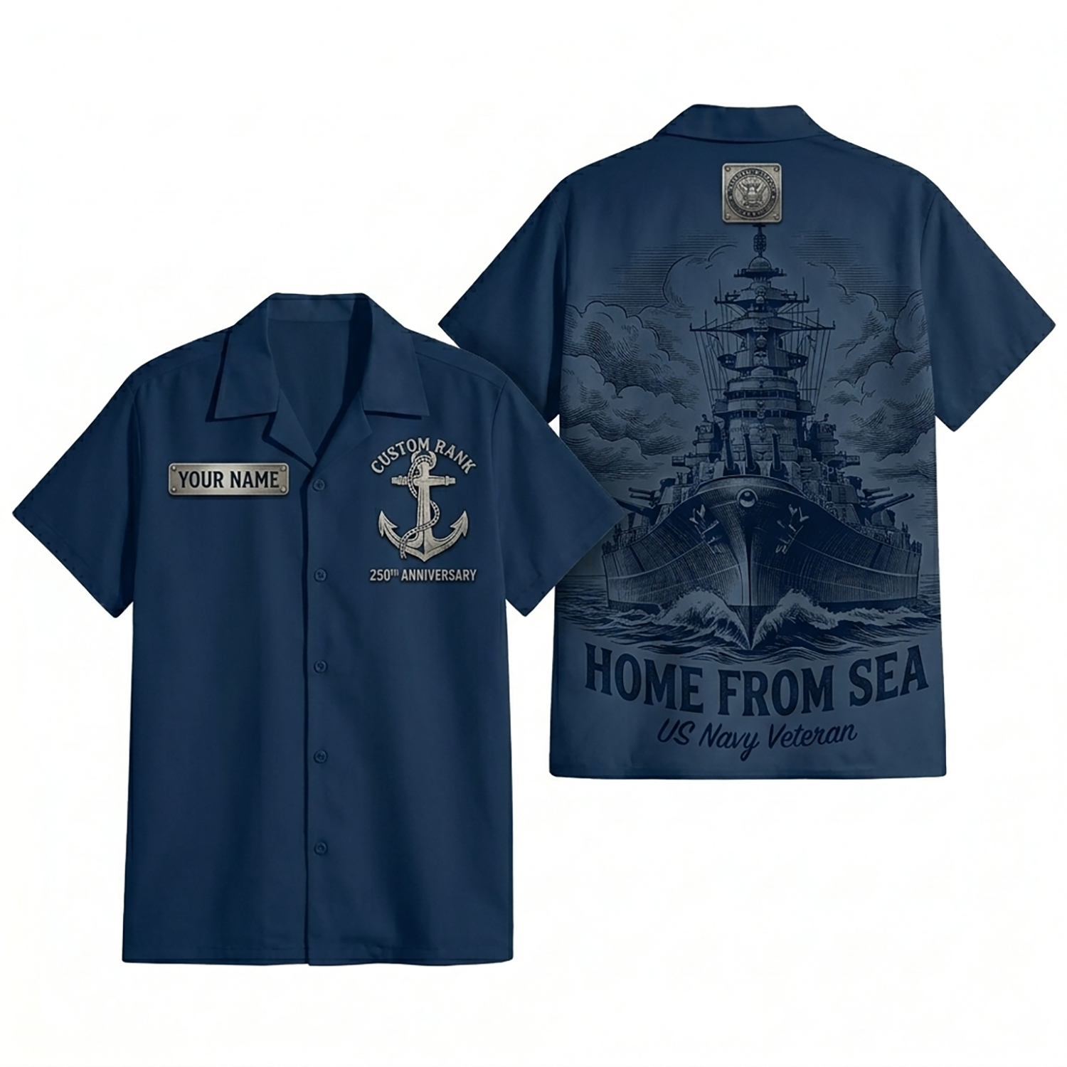 Mens Personalized Navy Brotherhood Hawaiian Shirt Home From Sea Edition Flat Layout