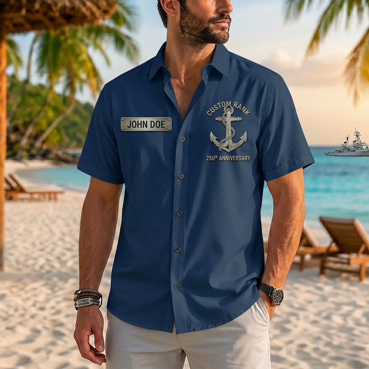 Mens Personalized Navy Veteran Hawaiian Shirt Front View Showing Custom Name And Rank Slots On Model