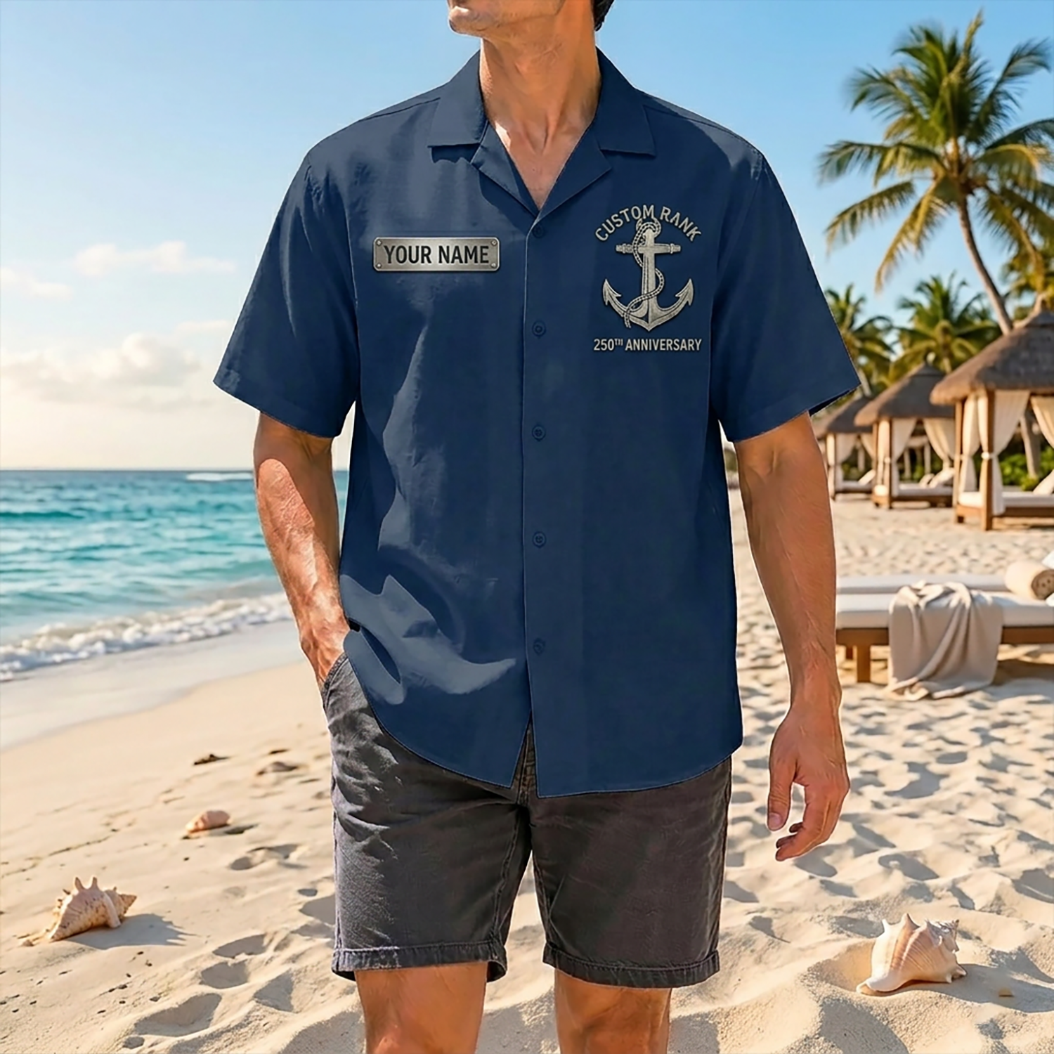 Proud Veteran Wearing Matching Personalized Navy Brotherhood Hawaiian Shirt On A Tropical Beach