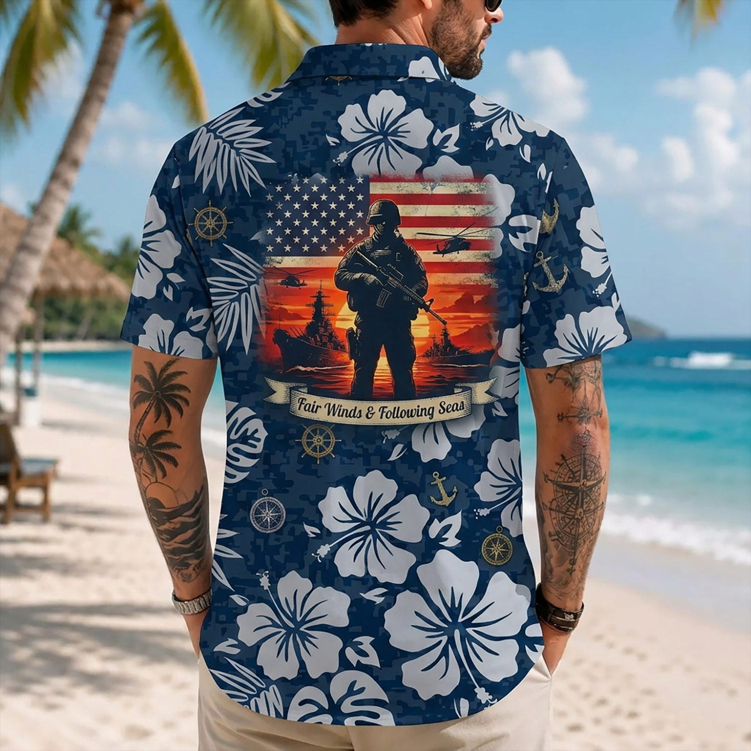 Mens Personalized Navy Veteran Hawaiian Shirt Back View Featuring Soldier Silhouette, Battleship Fleet, and Distressed American Flag