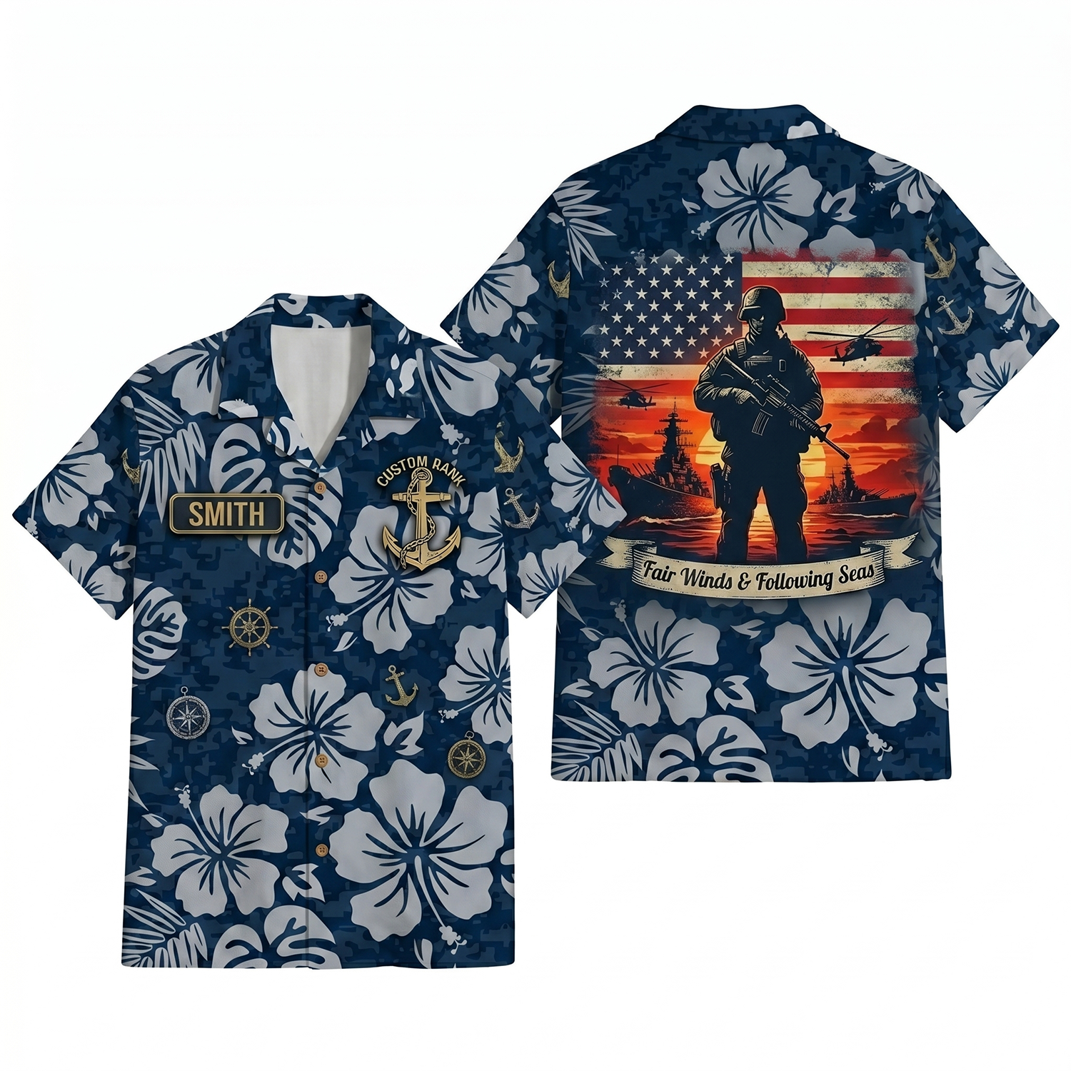 Mens Personalized Navy Camo Hibiscus Hawaiian Shirt Fair Winds Edition Flat Layout