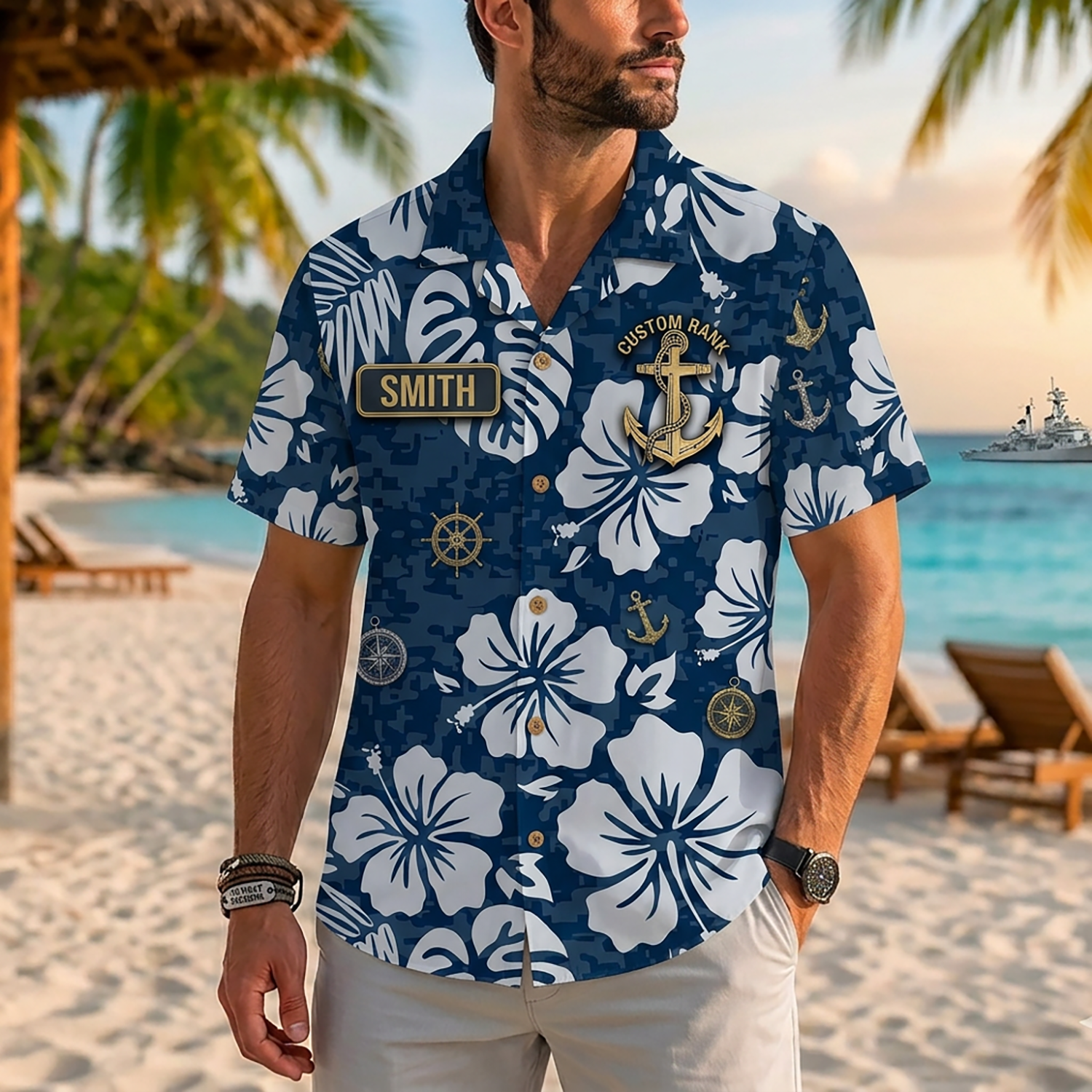 Mens Personalized Navy Veteran Hawaiian Shirt Front View Showing Custom Last Name and Rank Slots on Model
