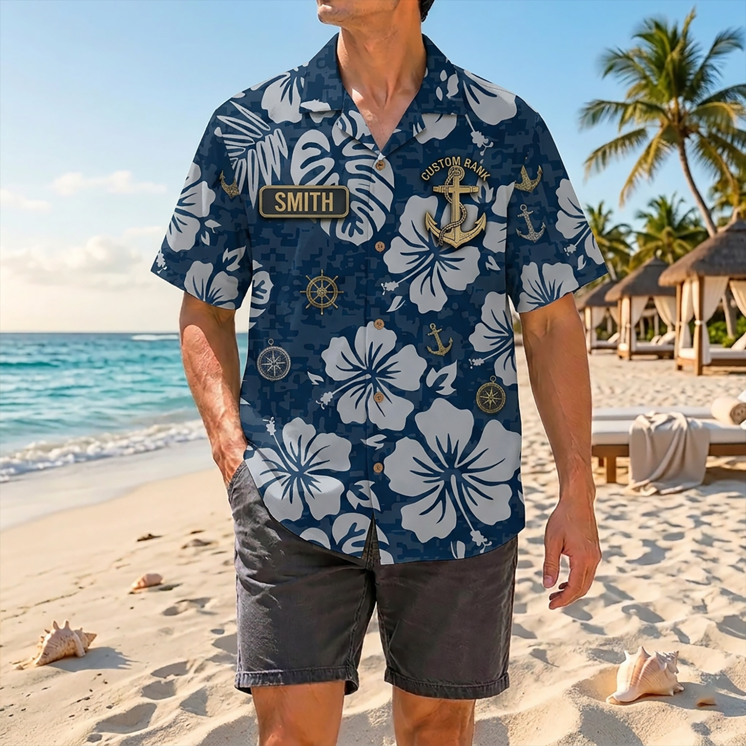 Proud Veteran Wearing Matching Personalized Navy Camo Hibiscus Hawaiian Shirt On A Tropical Beach