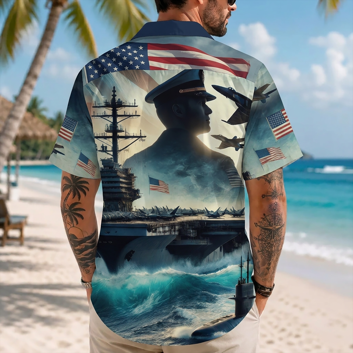 Mens US Navy Hawaiian Shirt Back View Featuring Aircraft Carrier, Submarine, And Saluting Officer Silhouette