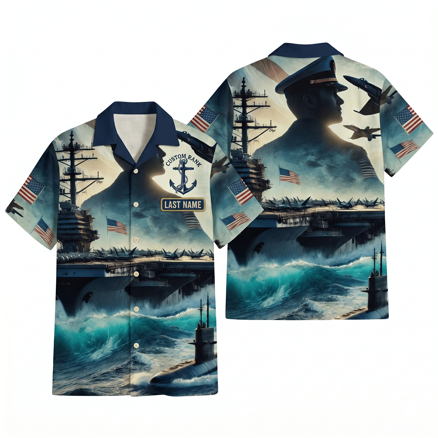 Mens Personalized Navy Carrier Strike Group Oceanic Pride Hawaiian Shirt Flat Layout