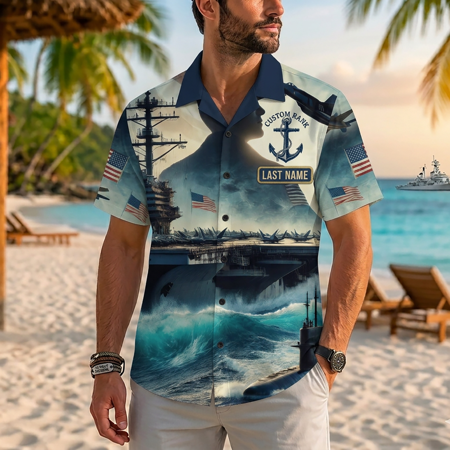 Mens US Navy Hawaiian Shirt Front View Showing Custom Last Name And Rank Slots On Model
