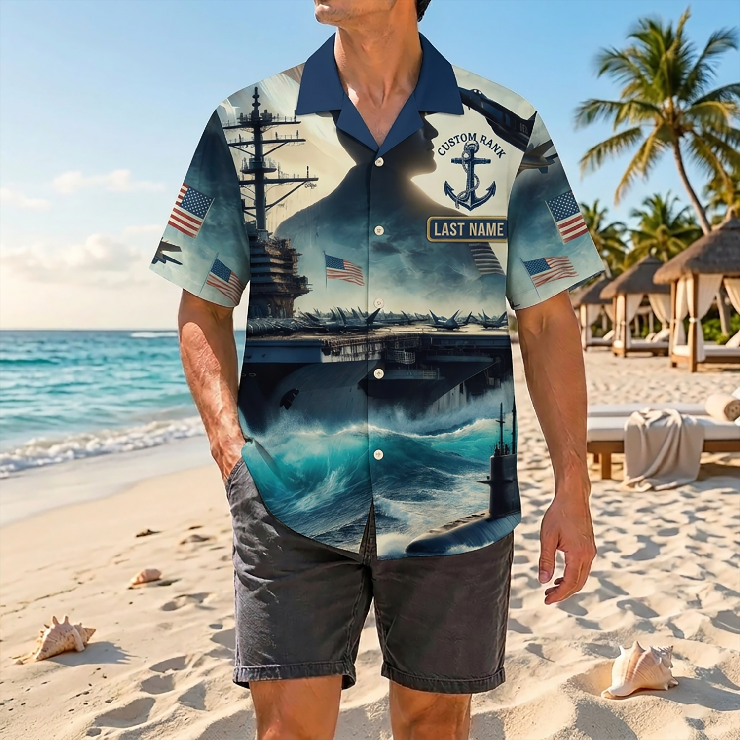 Proud Veteran Wearing Matching Personalized Navy Carrier Strike Group Hawaiian Shirt On A Tropical Beach