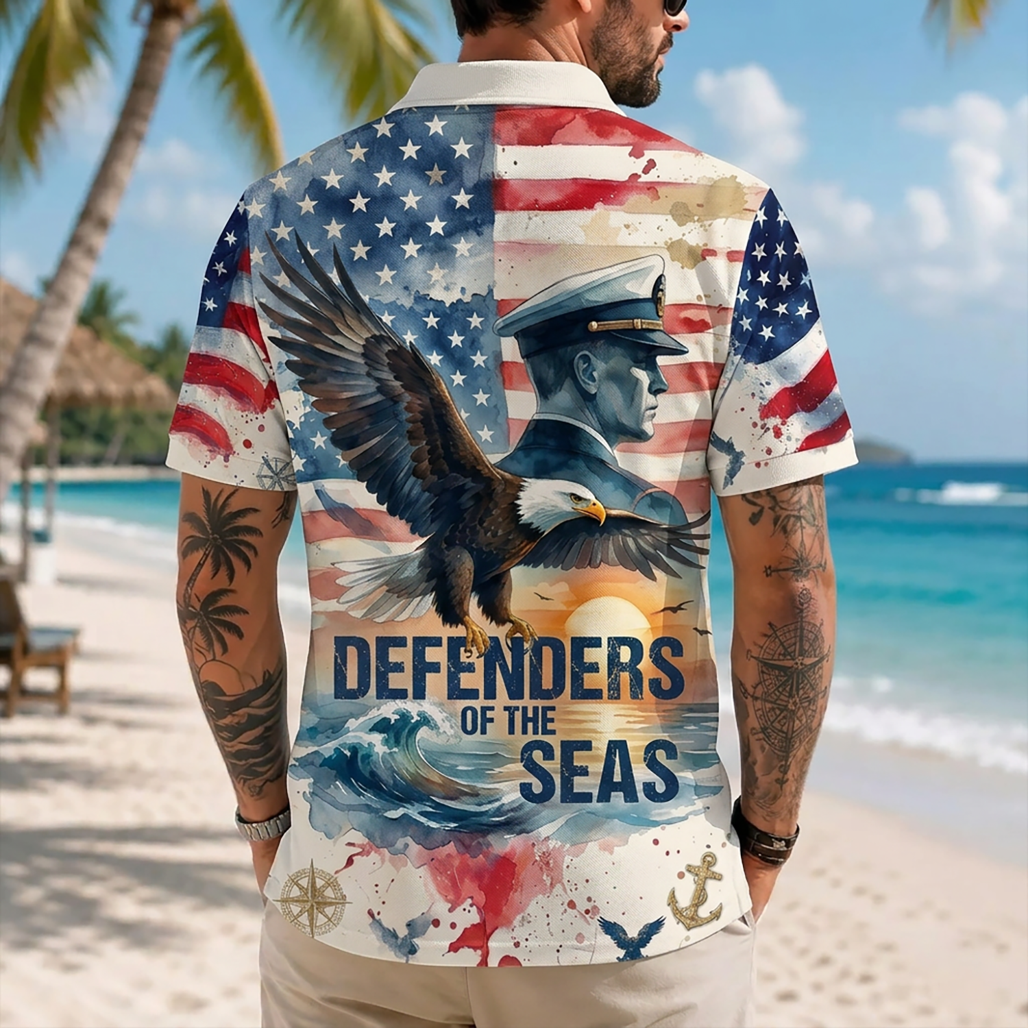 Mens US Navy Hawaiian Shirt Back View Featuring Soaring Bald Eagle, Naval Officer Silhouette, and Defenders of the Seas Text