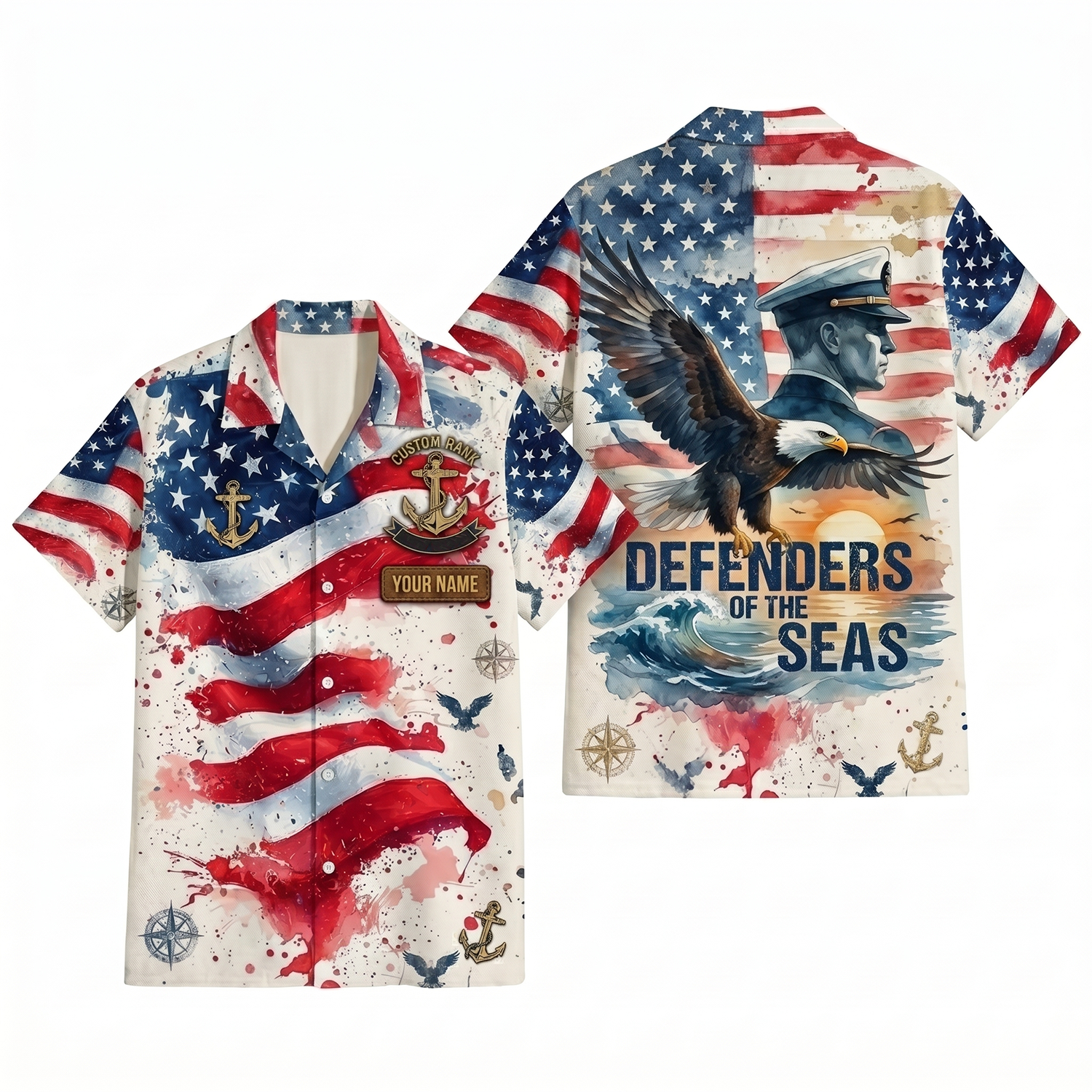 Mens Personalized Navy Defenders of the Seas Watercolor Hawaiian Shirt Flat Layout