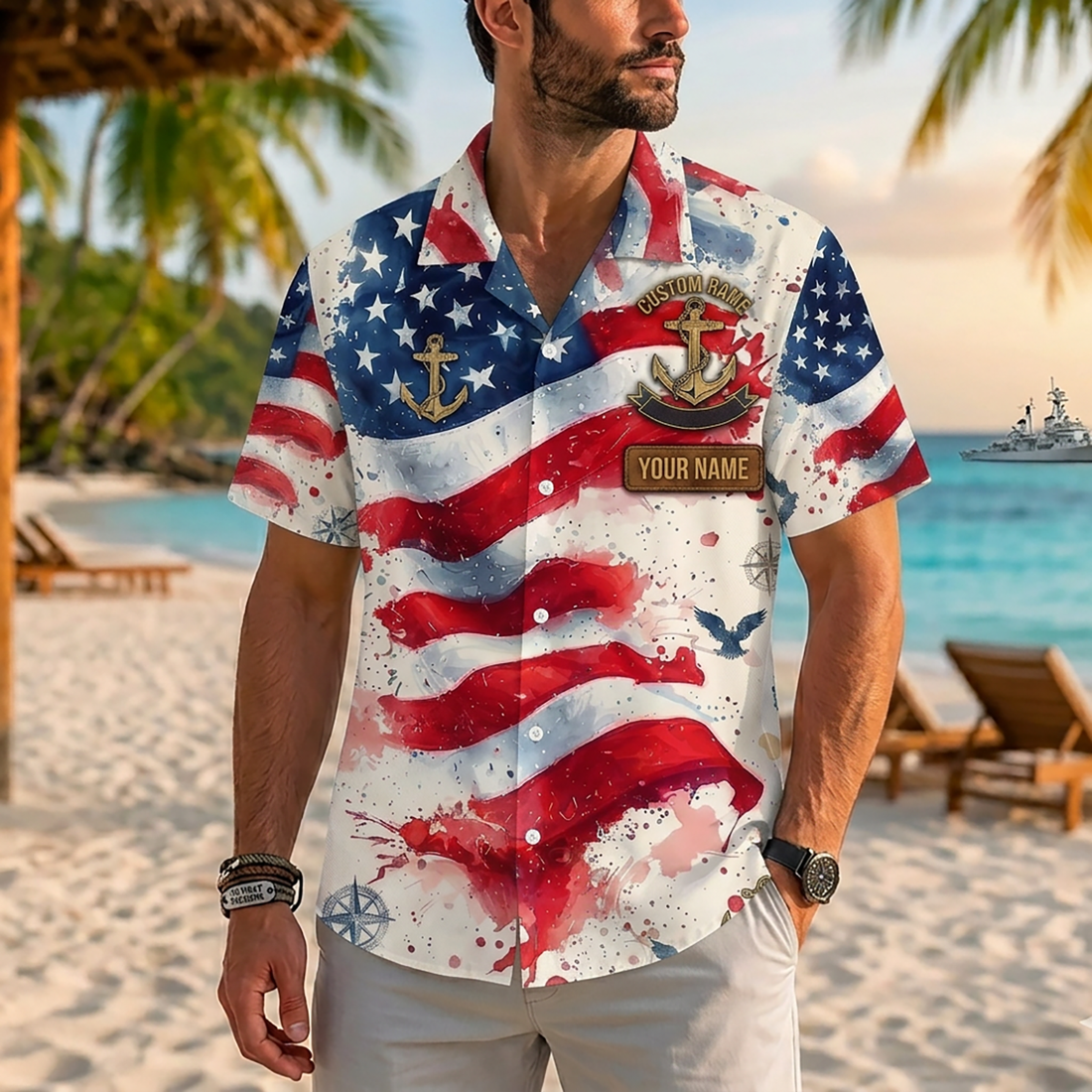 Mens Personalized Navy Defenders of the Seas Watercolor Hawaiian Shirt Flat Layout