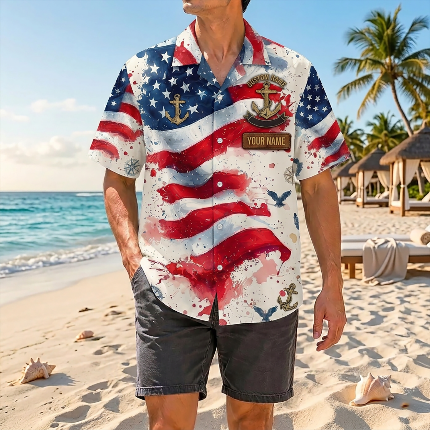 Proud Veteran Wearing Matching Personalized Navy Defenders of the Seas Hawaiian Shirt On A Tropical Beach