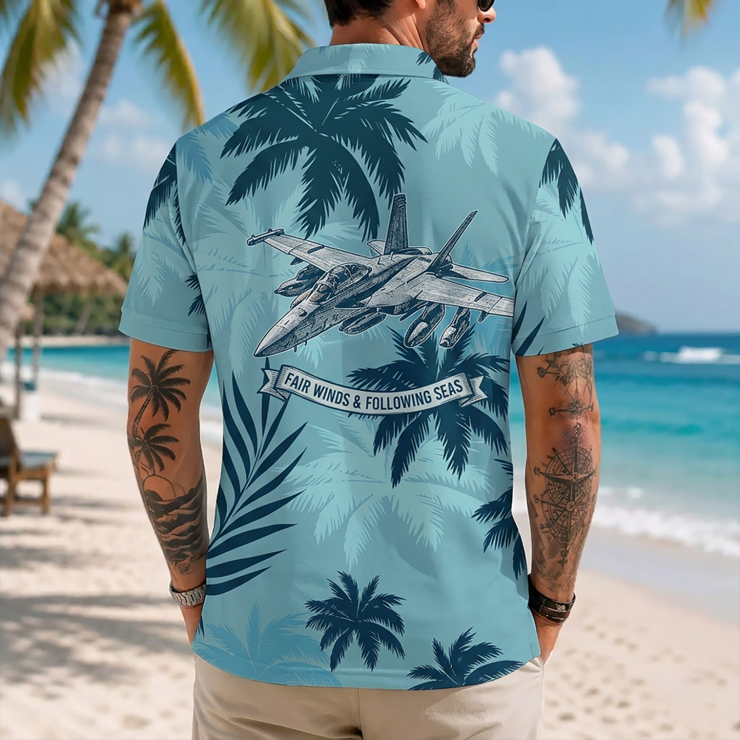 Mens US Navy Hawaiian Shirt Back View Featuring Detailed F/A-18 Hornet Jet Blueprint Sketch Above Fair Winds Scroll