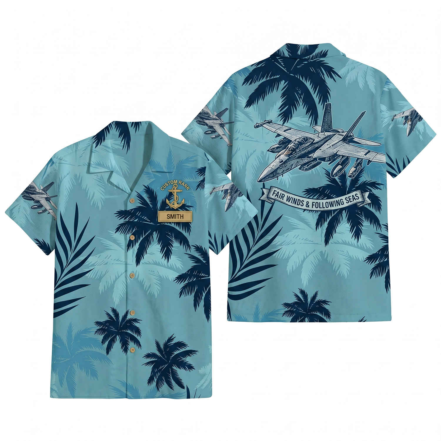 Mens Personalized Navy F/A-18 Hornet Light Blue Palm Hawaiian Shirt Flat Layout