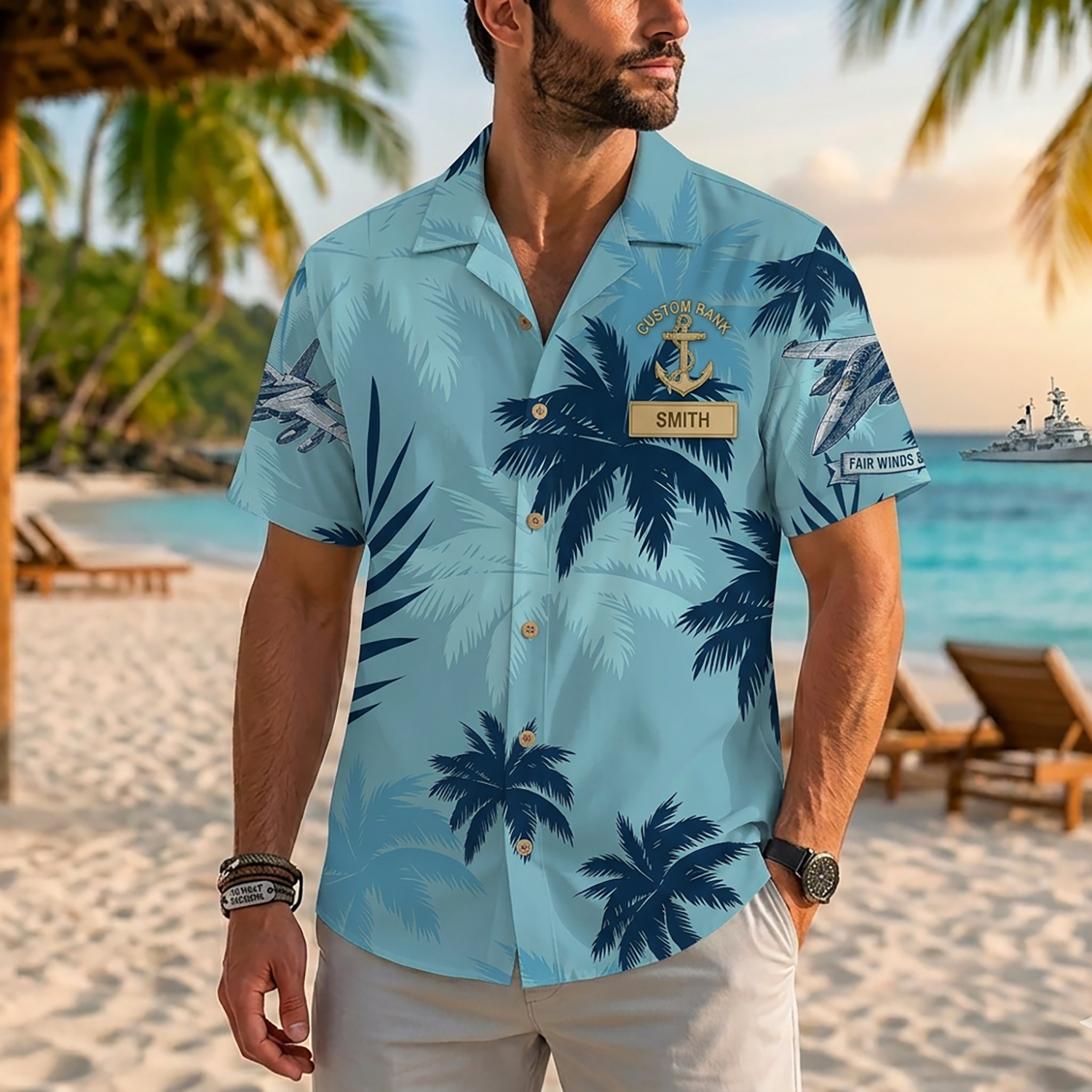 Mens US Navy Hawaiian Shirt Front View Showing Custom Last Name Slot and Rank Badges on Model