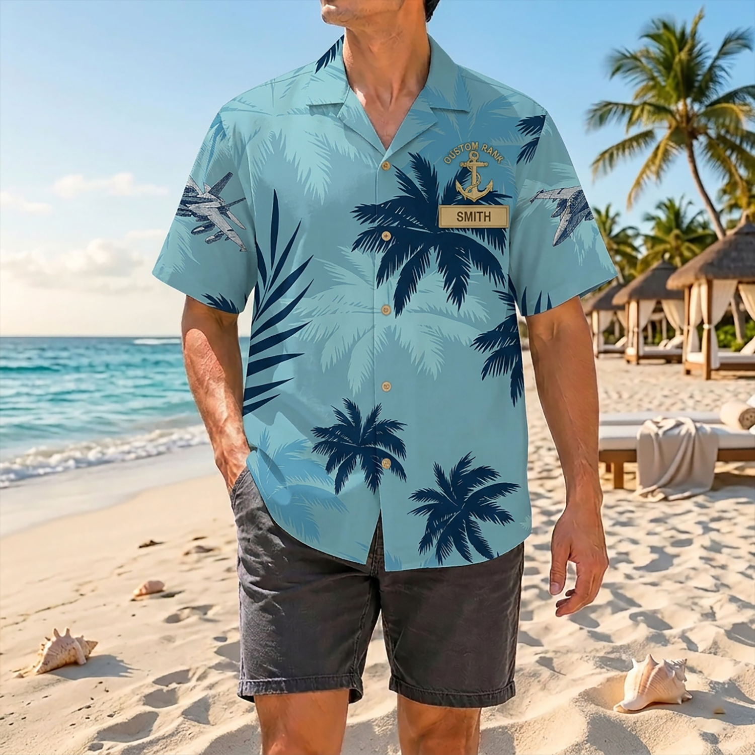 Proud Veteran Wearing Matching Personalized Navy Light Blue Palm Hawaiian Shirt On A Tropical Beach