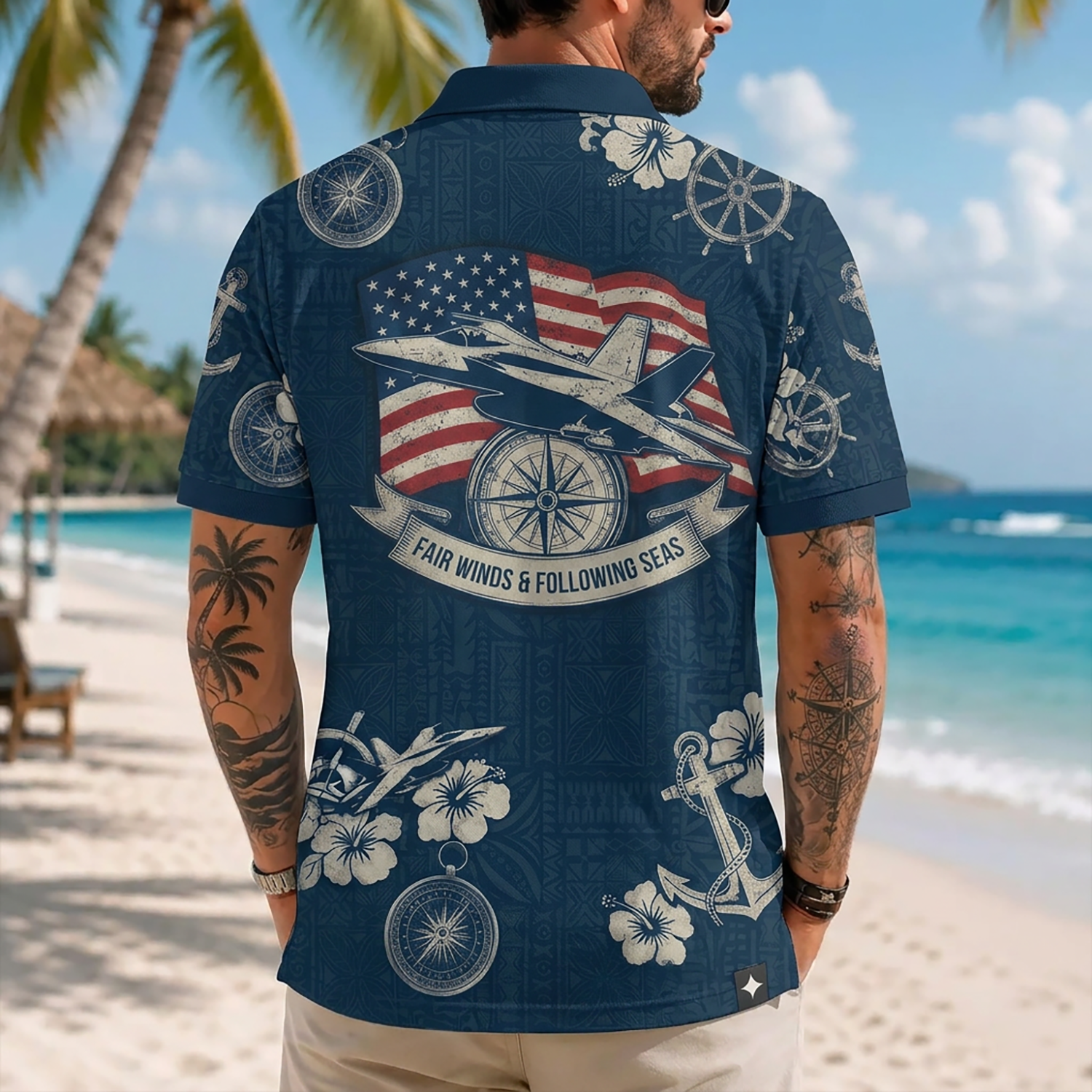 Mens US Navy Hawaiian Shirt Back View Featuring F/A-18 Super Hornet Jet Jet Flying Across American Flag and Compass Rose