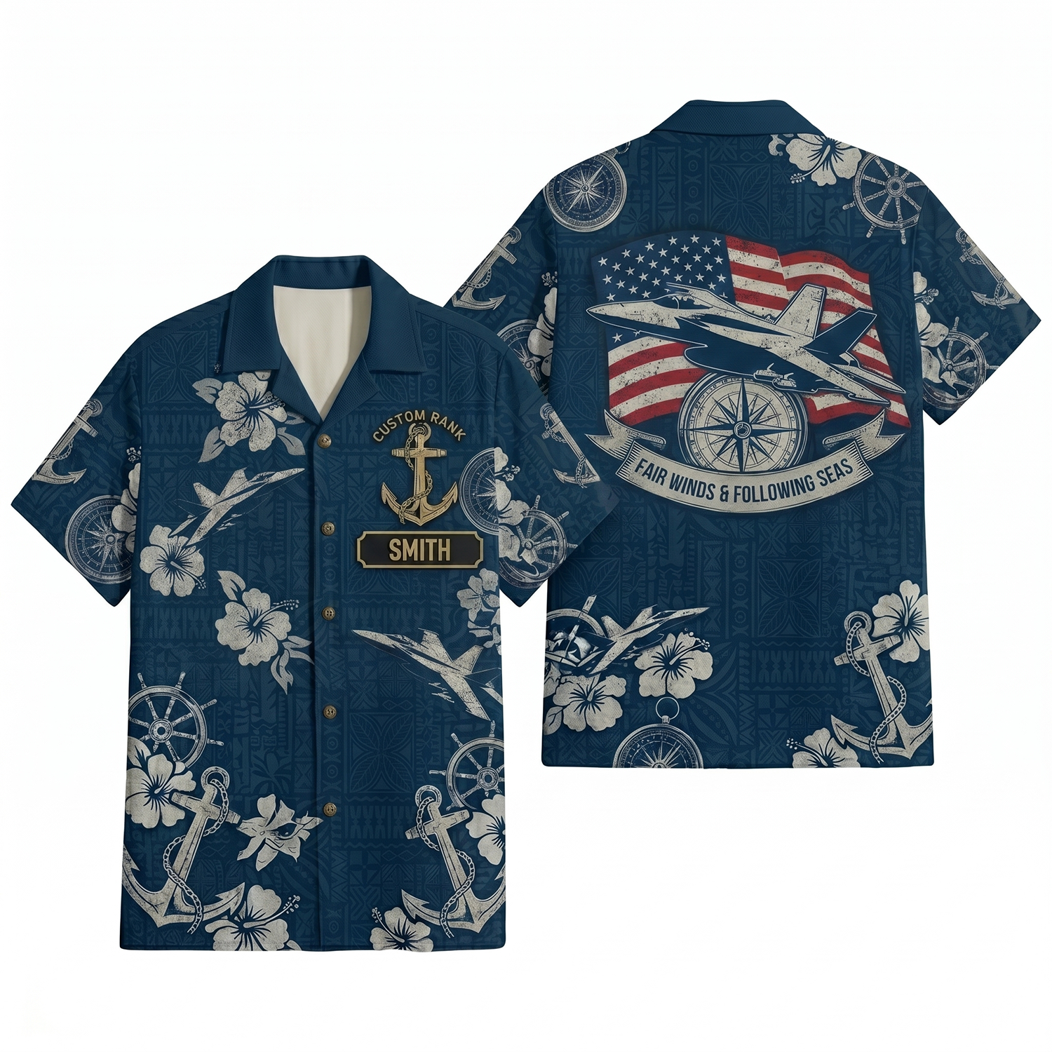 Mens Personalized Navy F/A-18 Super Hornet Indigo Tribal Hawaiian Shirt Flat Layout