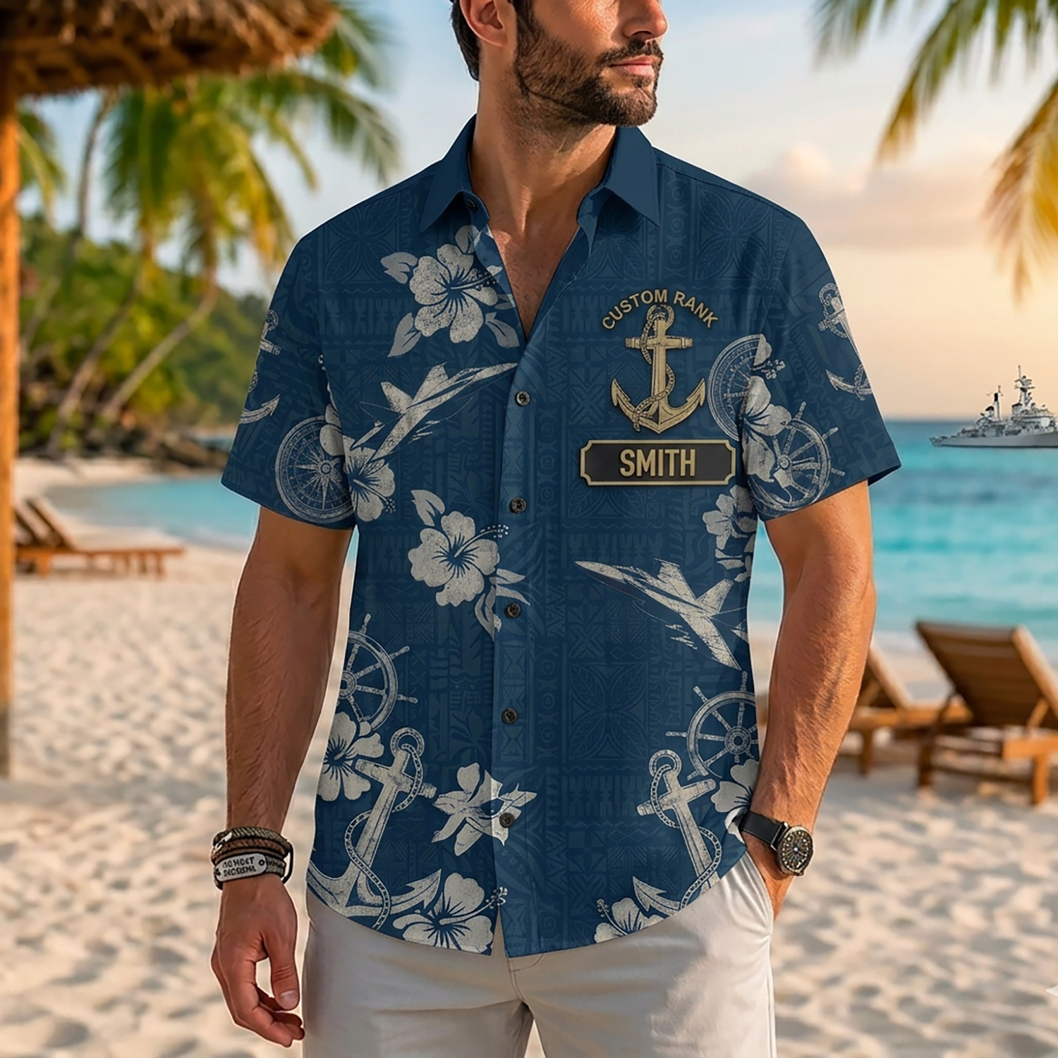 Mens US Navy Hawaiian Shirt Front View Showing Custom Last Name and Rank Slots on Model