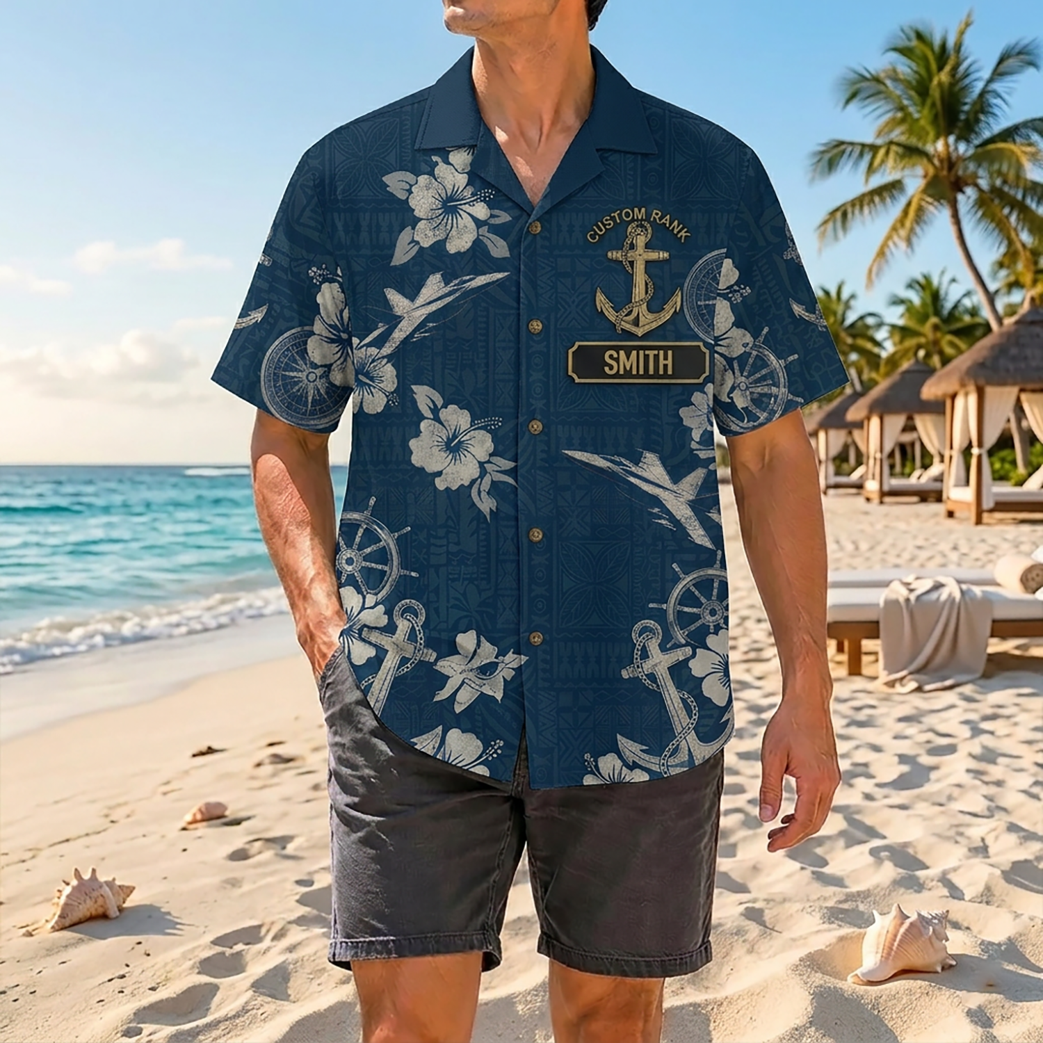 Proud Veteran Wearing Matching Personalized Navy Indigo Tribal Hawaiian Shirt On A Tropical Beach