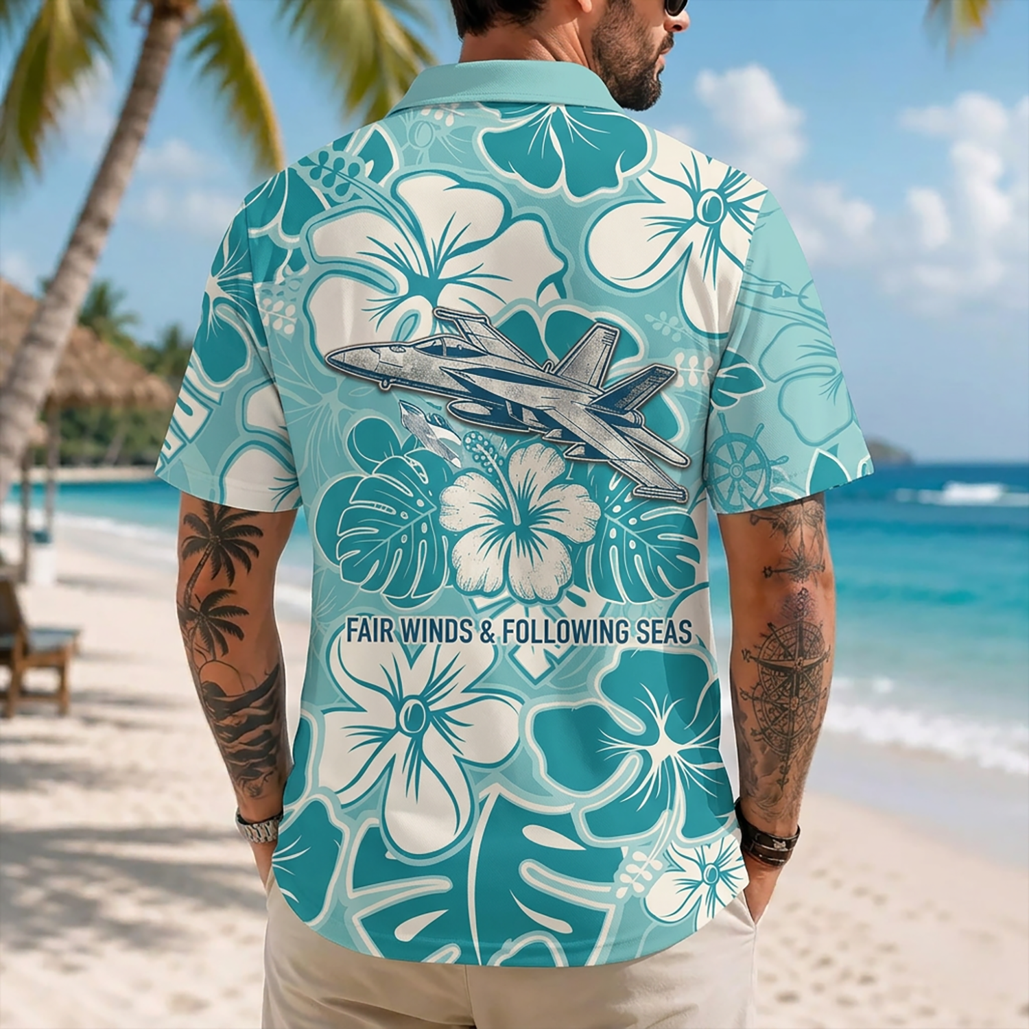 Mens US Navy Hawaiian Shirt Back View Featuring F/A-18 Super Hornet Jet Over White Hibiscus Pattern and Fair Winds Blessing
