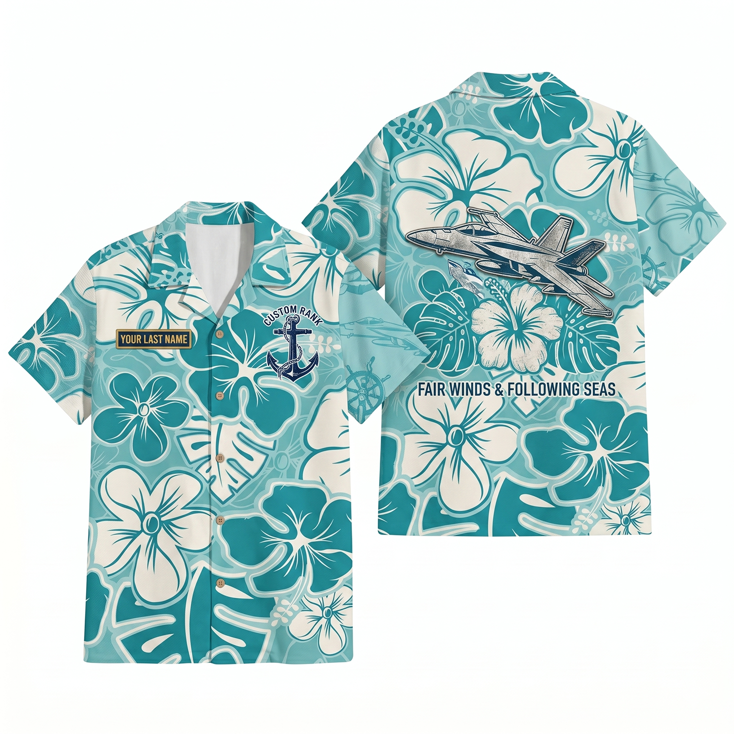 Mens Personalized Navy F/A-18 Super Hornet Mint Hibiscus Hawaiian Shirt Flat Layout